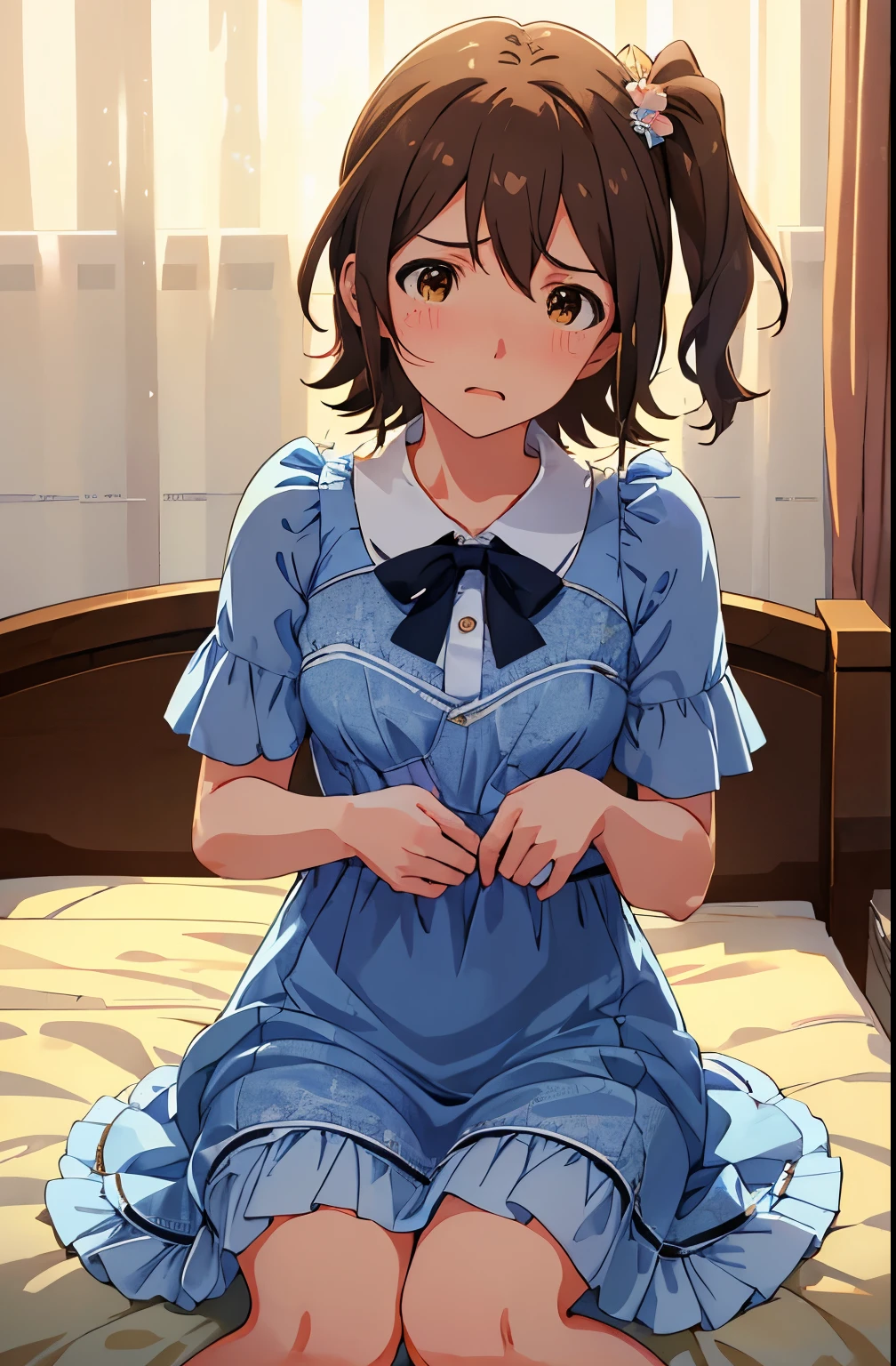 mirai kasuga (million live), 1 girl, Solo, Cute Girl, Best Quality, Ultra-detailed, 8K, High resolution, Detailed face, Bob Hair, looking at viewer, (((anguish, embarrassed))), (((light blue dress, collared dress))), (((undressing, toples))), in the bedroom, on the bed,