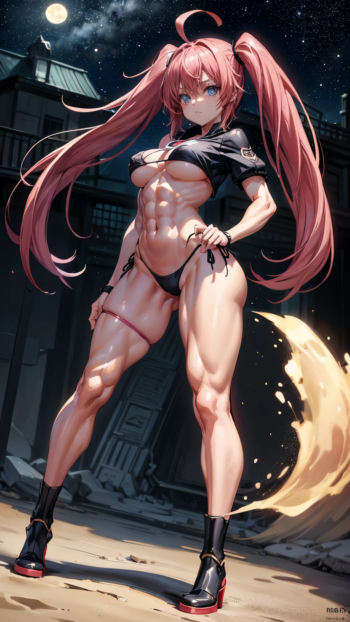 1 girl, (medium breasts))), (((wearing a short bikini))), (long pink hair), (((blue eyes))), Thin arms, (on the beach at night with a starry sky and a full blood moon), (slim waist), (((muscular legs))), muscular belly, wearing a red high heel shoe, (((showing her big ass to me))), (full body photo) , (twintails), long eyes, glowing eyes, eye reflection, moodiness, anime, anime style, ray tracing, Glow, drop shadow, Panorama, Sony FE, 8k, UDisk, artwork, accurate, anatomically correct, super detail, best quality, Ultra high resolution, Hard disk, 16k