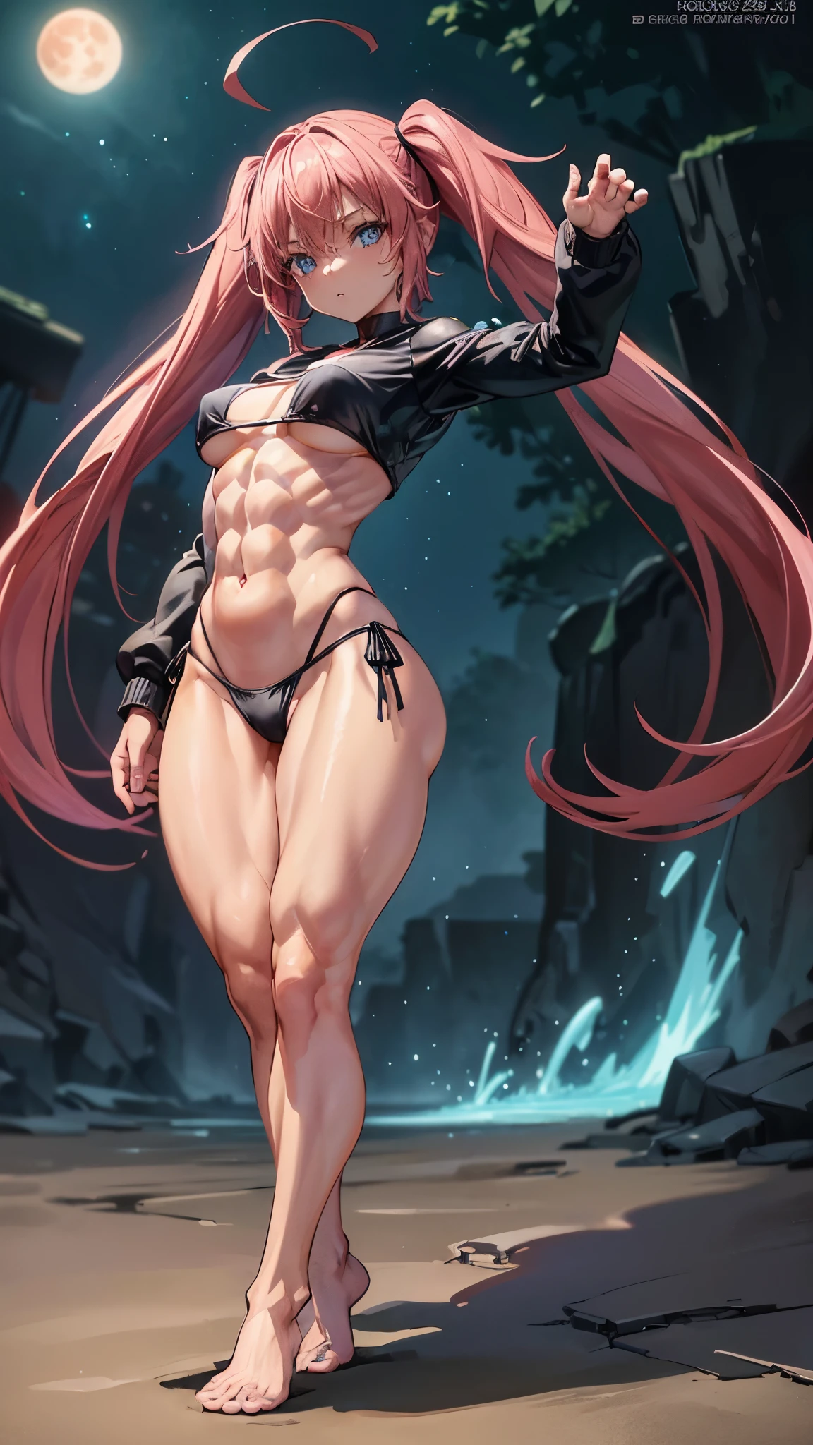1 girl, (medium breasts))), (((wearing a short bikini))), (long pink hair), (((blue eyes))), Thin arms, (on the beach at night with a starry sky and a full blood moon), (slim waist), (((muscular legs))), muscular belly, wearing a red high heel shoe, (((showing her big ass to me))), (full body photo) , (twintails), long eyes, glowing eyes, eye reflection, moodiness, anime, anime style, ray tracing, Glow, drop shadow, Panorama, Sony FE, 8k, UDisk, artwork, accurate, anatomically correct, super detail, best quality, Ultra high resolution, Hard disk, 16k