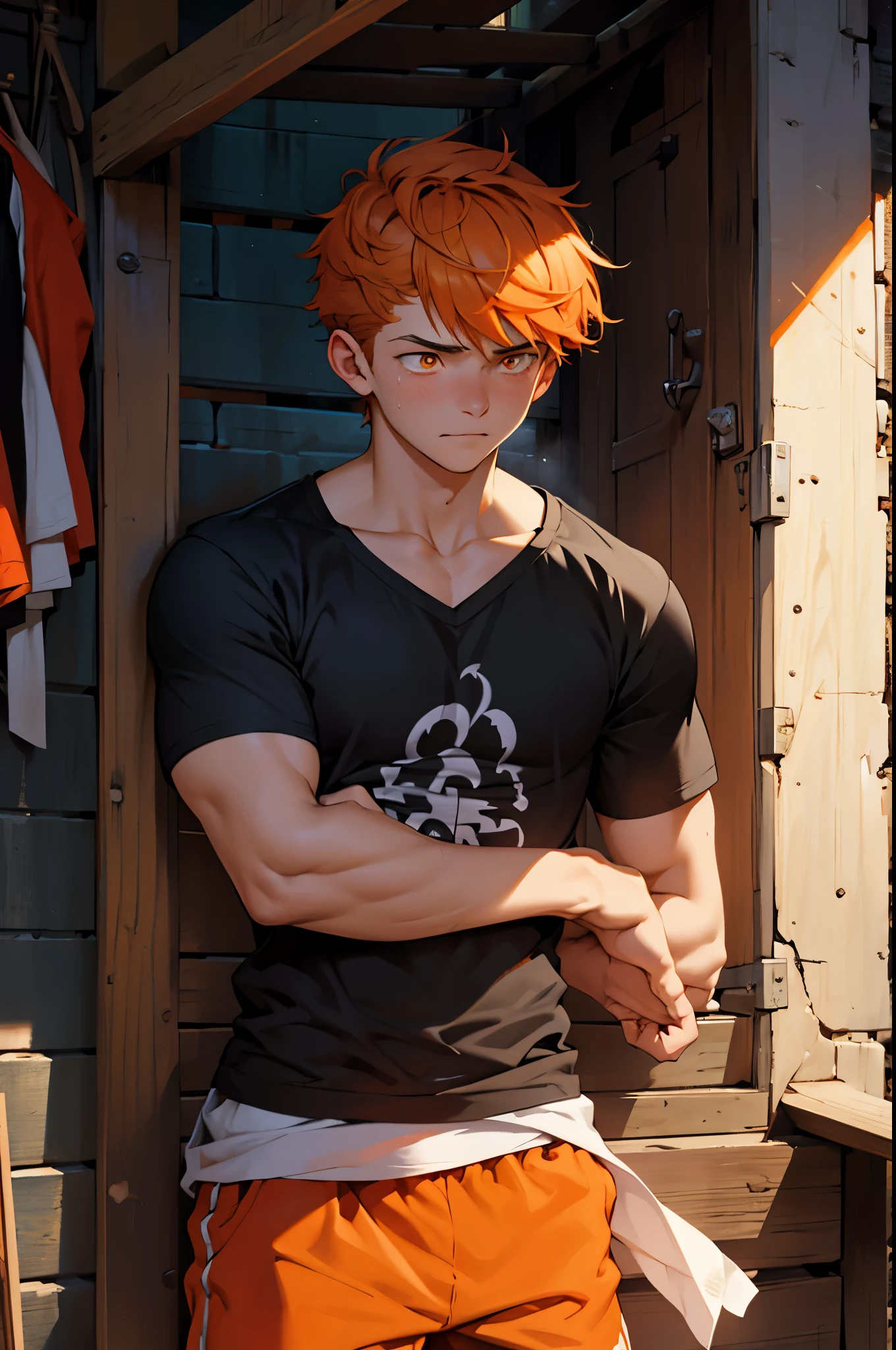 There is a young handsome boy of 15 years old weighing 60 kilos 1,75 de estaturade, el esta llorando esta triste y llorando, He is 15 years old with orange eyes and orange hair, he is in the foreground crying for his brother's death and then he swears revenge., viste camiseta negra ajustada asu cuerpo delgado