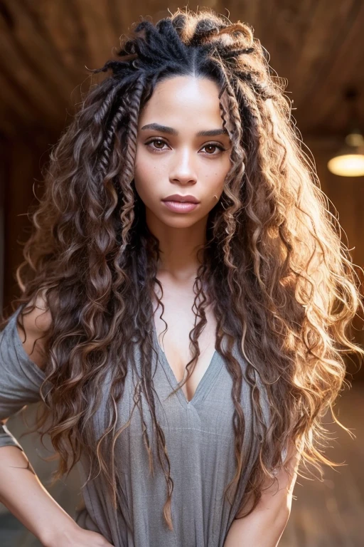 full resolution, highly detailed skin, detailed hair, dslr, sharp focus, high definition, high quality photography, intricate, A realistic woman with long curly brown hair, Curly Chestnut Goddess, Zoë Kravitz, Lisa Bonet, natural beauty, 37 years, healthy, some gray hair streaks, clear skin, boho style, covered up clothing