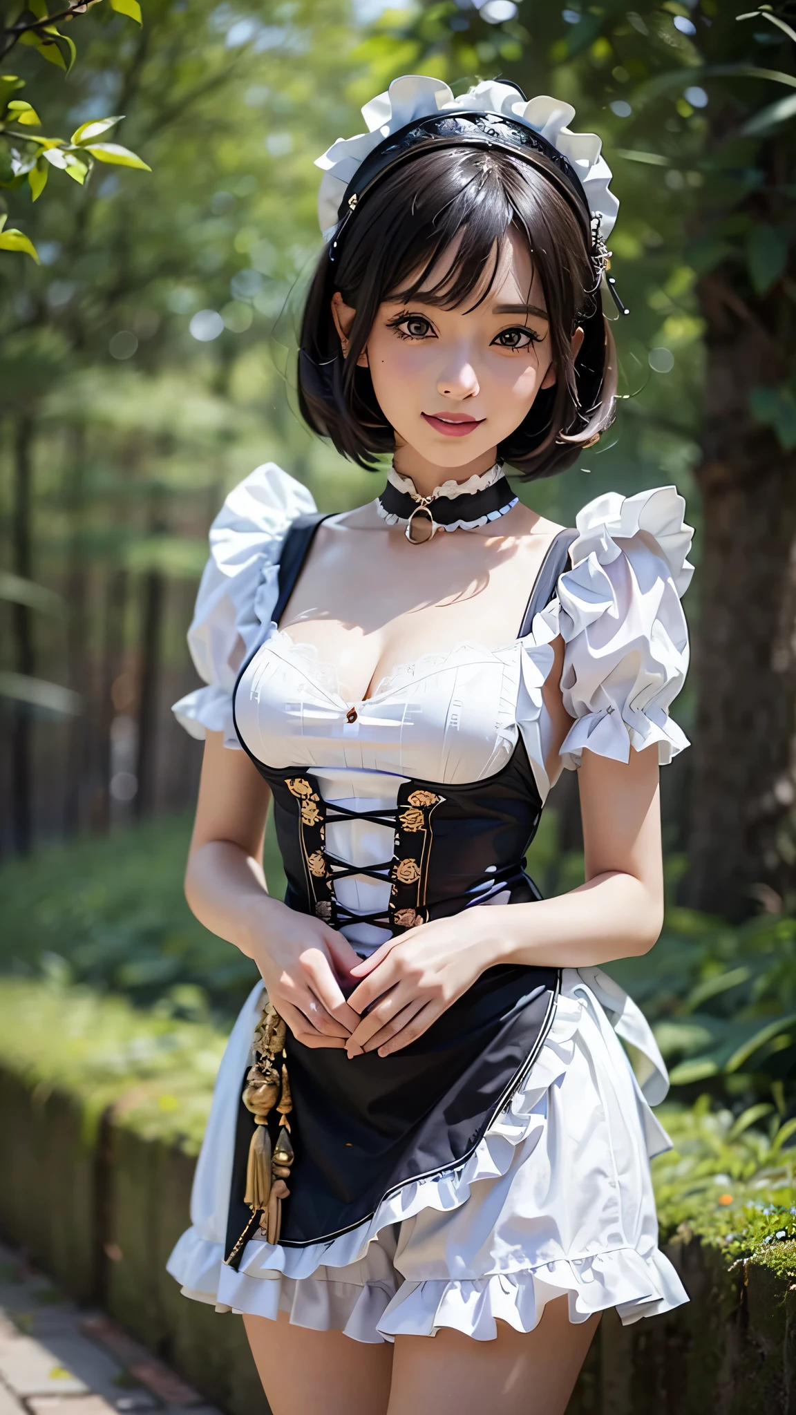 nsfw, sexy stylish Thai model, only 1 female, ((doll-like appearance)), short Mahogany stylish hair, ((shiny Victorian-Style boots)), (big smile), ultra detailed eyes, vivid eye makeup, lipgloss, long lashes, defined eyebrows, ((sexy Paradise Kiss cosplay)), bell-shaped skirt, petticoats, high neckline, puffed sleeves, ((ultra detailed lace)), ((ultra detailed embroidery)), intricate details, Paradise Kiss accessoires and matching headpiece, choker, ((large sparkling Paradise Kiss jewelry)), cinematic light, detailed large park background with trees