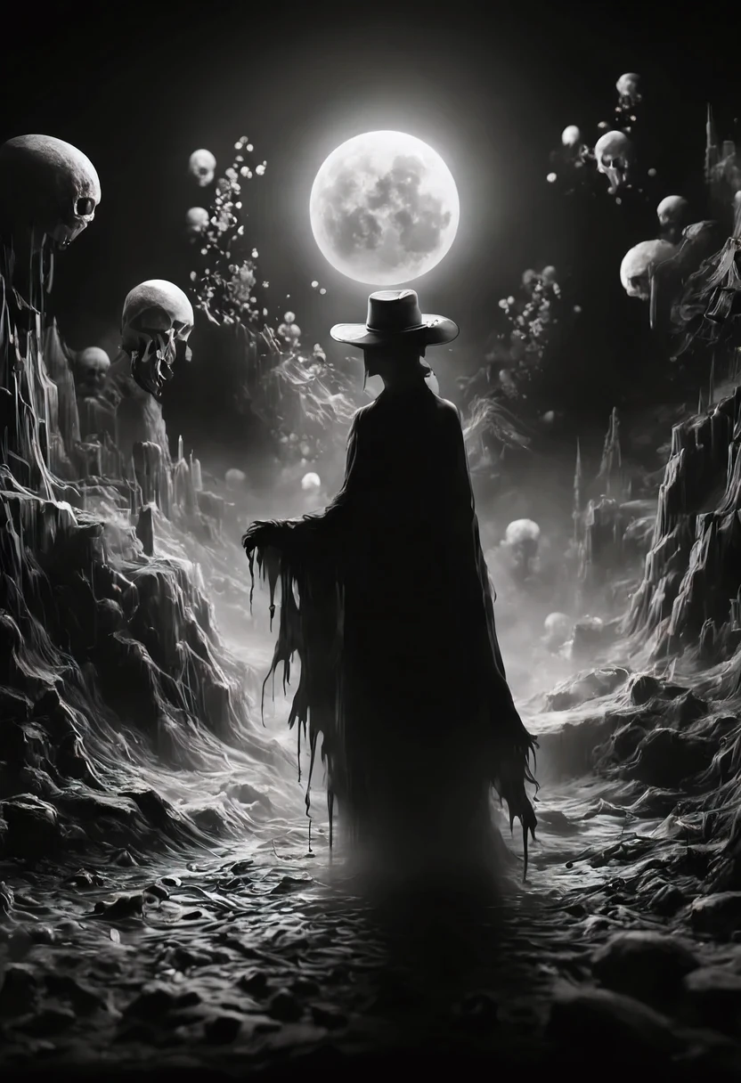 It's night time, the atmosphere is eerie and mist rises from the ground that is covered with black and white colored foliage. a void faced skeleton character is from the chest up in the front of the image. The void faced skeleton is gazing upon a skull on her hand that is lifted in front of her face, the skull is melting and dripping black drops from the melted dark liquid running through the dingers. the skull has charred old cowboy hat on. she is holding up with one hand close to it's void face. A large oil painting is hanging by itself above the ground on the background, painting portraits an old crubled well and a pair of footprints on the ground, the footprints step out of the painting and leads all the way to void faced cowboy., expressionless eyes, facepaint, facepaint, covering, expressionless, no nose, open mouth, halo, hood, blindfold, mask, covered eyes, mouth veil, mask on head, hood down, Op art, optical illusion, silhouette, perspective, perspective, perspective, atmospheric perspective, multiple views, three sided view, cut-in, cowboy shot, close-up, wide shot, from side, jpeg artifacts, backlighting, blending, drop shadow, image fill, multiple monochrome, optical illusion, silhouette, speed lines, motion lines, halftone, oil paintung of an old well in the backround, backround details, masterpiece, highres, high quality, masterpiece, ccurate, super detail, anatomically correct