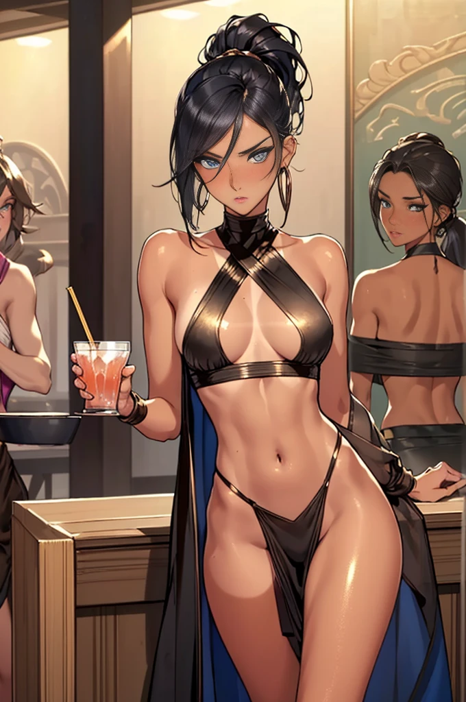 1girl,a beautiful fashion model ,(masterpiece, official art, best quality) (blue eyes) ,long and shiny hair, black hair, long ponytail, hair strand between eyes, full lips, upturned nose ((((tan skin, bronze skin, 1.3)))), big , stripping, elegant makeup, exhibitionism, naked in public, akali, slim thighs, toned body, shiny skin, sexy pose, blue eyes,(( (slender, skinny, slim))), (((bewildered, shocked, blush)))), narrow hips, wearing black thong and see-through top, , ((girl serving drinks in a crowded tavern in a skimpy outfit, embarassed)), gold hoop earrings, pink eyeshadow, tray of drinks, cute face, tavern, grope