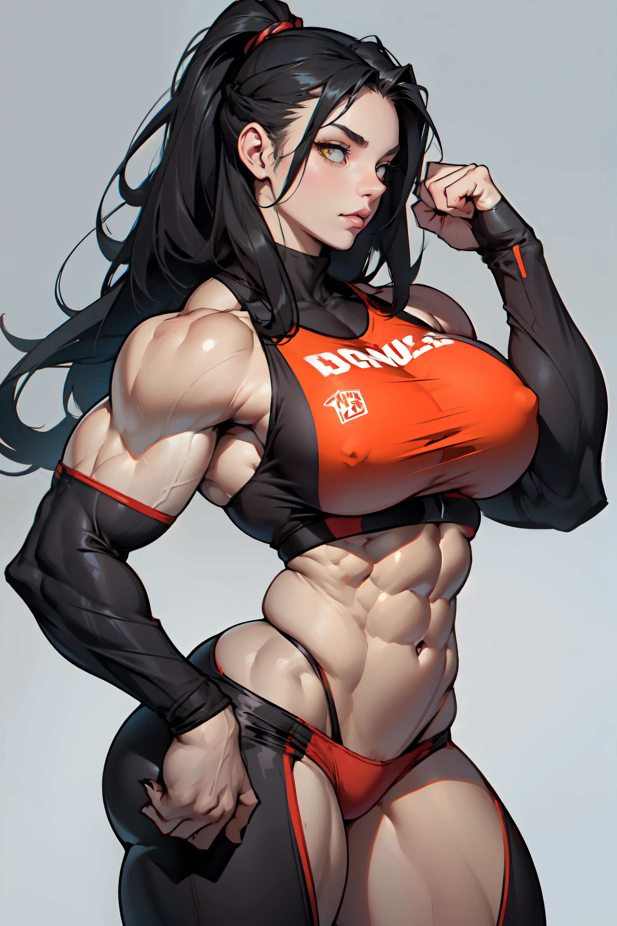 ((((1girl bodybuilder muscular)))) pale skin black hair very long hair yellow eyes long abs ((curvy wide hips thick thighs huge breasts grey background))