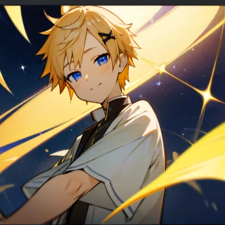 juvenile、Golden short-haired、blue eyes、smile、Aligned on the right、otherworld background、celestial body、soft light、high quality、high resolution、high-end