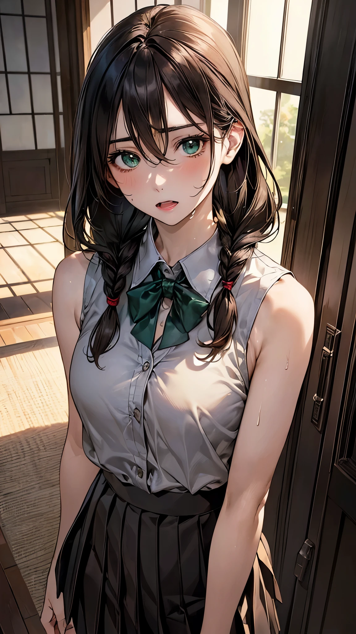 (masterpiece:1.2, top-quality), (realistic, photorealistic:1.4), beautiful illustration, (natural side lighting, movie lighting), nsfw,
looking away, upper body, 1 girl, japanese, high school girl, perfect face, cute and symmetrical face, shiny skin,
(middle hair:1.4, twin braids:1.2, black hair), hair between eyes:1.5, hair over one eye:1.1, big eyes, emerald green eyes, drooping eyes, long eye lasher, (large breasts:0.6),
beautiful hair, beautiful face, beautiful detailed eyes, beautiful clavicle, beautiful body, beautiful chest, beautiful thighs, beautiful legs,
((symmetrical clothing, detailed cloth texture, brown sleeveless collared shirt, pleated skirt)), hair tie,
(beautiful scenery), morning, living room, standing, leaning forward, (sweat, surprised, open mouth),
