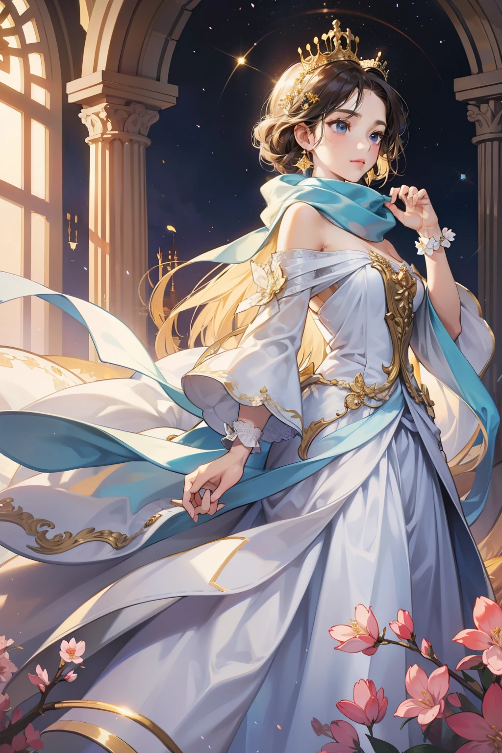 Royalty princess, clad in a soft, white dress that cascades down to her ankles, with a long scarf billowing in her back, adorned with golden stars that twinkle in the sunlight. She wears a majestic golden crown upon her head, bedecked with dazzling diamonds that sparkle and reflect the sun's rays. The princess stands in a lush, expansive garden, surrounded by a riot of colors from various blossoming flowers. The castle doors, intricately designed and grand, serve as the backdrop to her regal presence. --s2