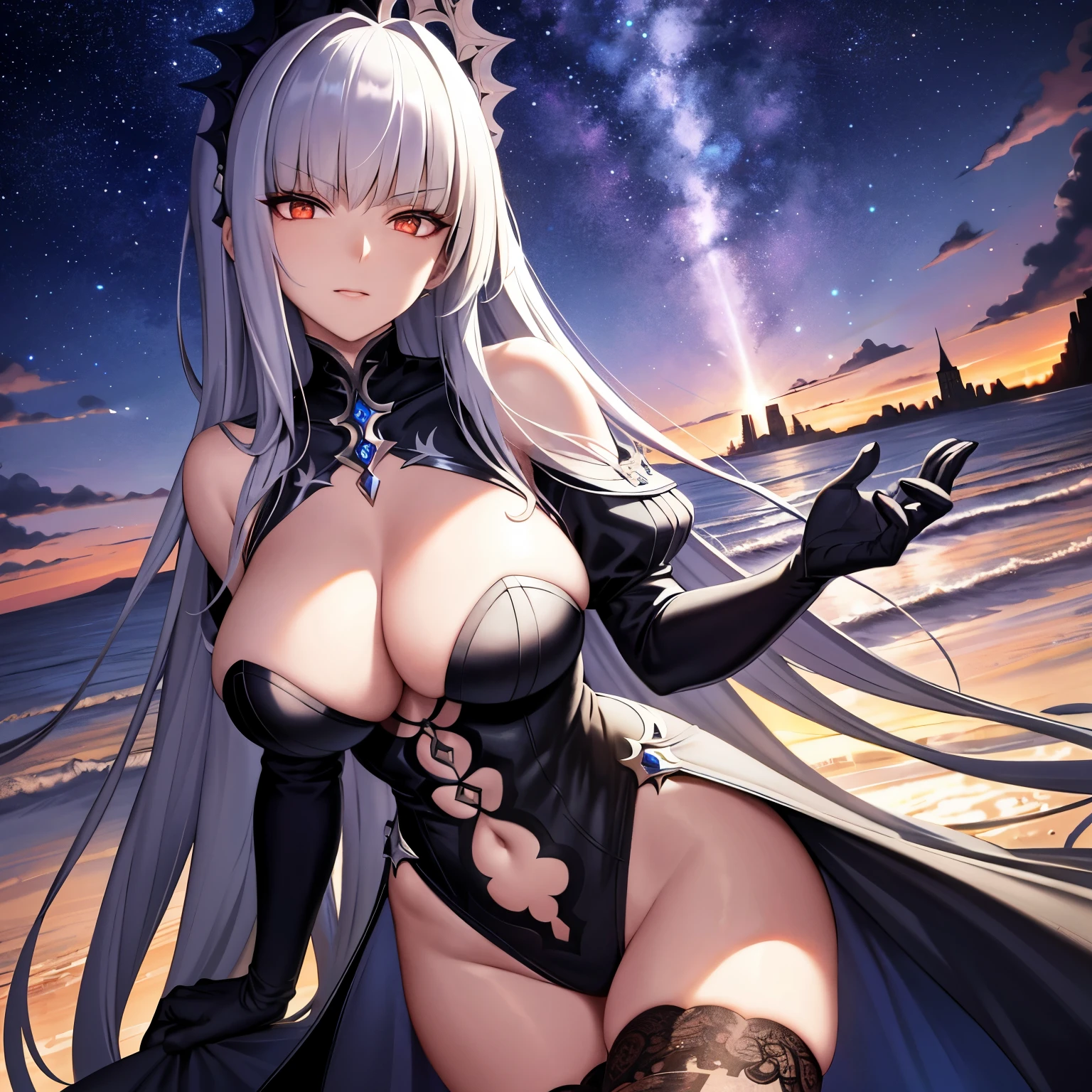 A breathtakingly detailed and vibrant depiction of Jean Alter from the hit mobile game Fate Grand Order: a close-up shot highlighting her alluring beauty, magnificent stockings, and captivating gaze. This masterpiece of digital artwork showcases the best quality with ultra-detailed features, perfectly capturing every intricate detail of Jean Alter's design, from her flowing dark hair to her mesmerizing crimson eyes. The artwork transports viewers into the epic world of Fate Grand Order, with its stunning landscape, starry night sky, and a solitary figure standing proudly in the outdoors. Jean Alter's powerful presence radiates from the image, as she exudes an air of mystery and strength. The signature building in the background adds to the immersive atmosphere, complemented by the swirling clouds and the eth