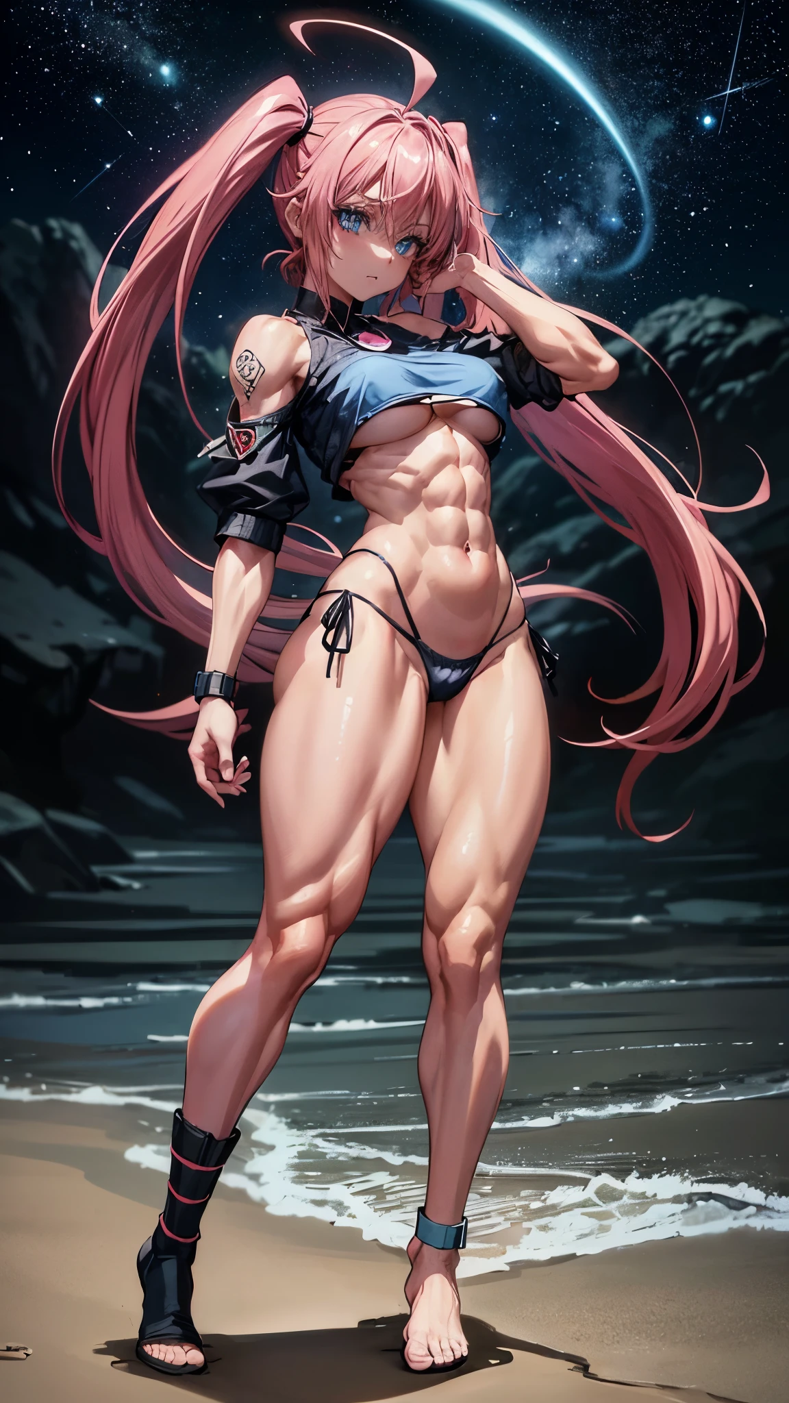1 girl, (medium breasts))), (((wearing a short bikini))), (long pink hair), (((blue eyes))), Thin arms, (on the beach at night with a starry sky and a full blood moon), (slim waist), (((muscular legs))), muscular belly, wearing a red high heel shoe, (((showing her big ass to me))), (full body photo) , (twintails), long eyes, glowing eyes, eye reflection, moodiness, anime, anime style, ray tracing, Glow, drop shadow, Panorama, Sony FE, 8k, UDisk, artwork, accurate, anatomically correct, super detail, best quality, Ultra high resolution, Hard disk, 16k