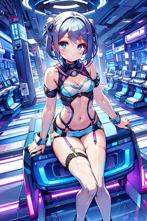 8K, RAW photo, night light, Beautiful cyberpunk style young girl, Light blue and pink shorthair, pink eyes, high resolution skins, Beautiful woman in a black top and short skirt, pose for a photo, Multi-point, 19 years old, reveal her sexy body, hourglass illustration, Because I'm slender, small breasts, sample belly, Looking at the camera and smiling, night city background, neon light