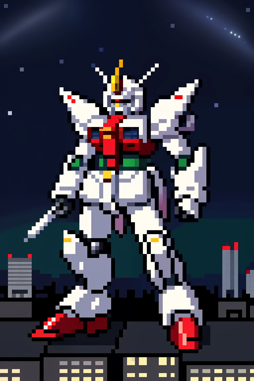 Gundam, multicolored, pixel city, night sky 