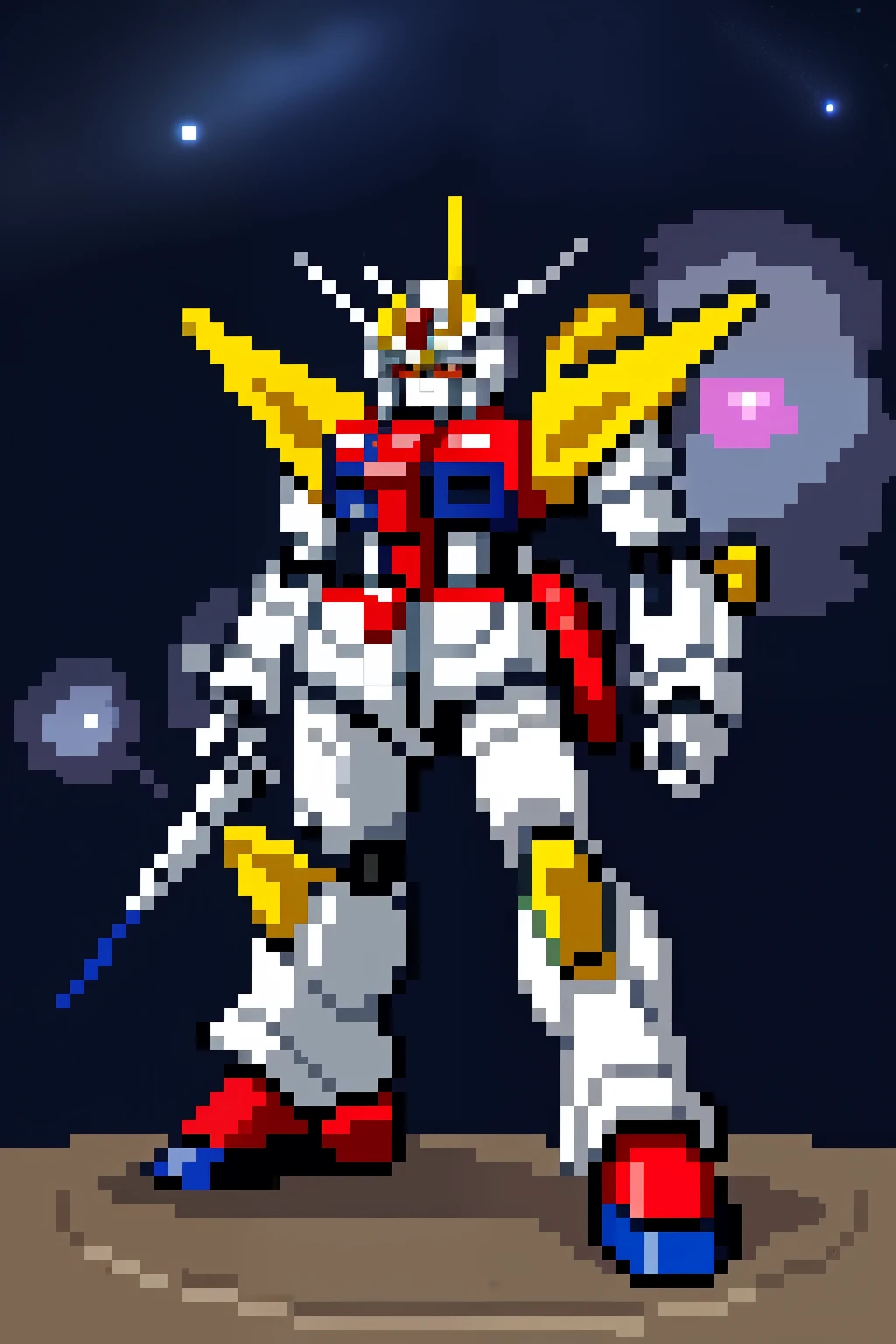 Gundam, multicolored, pixel city, night sky 
