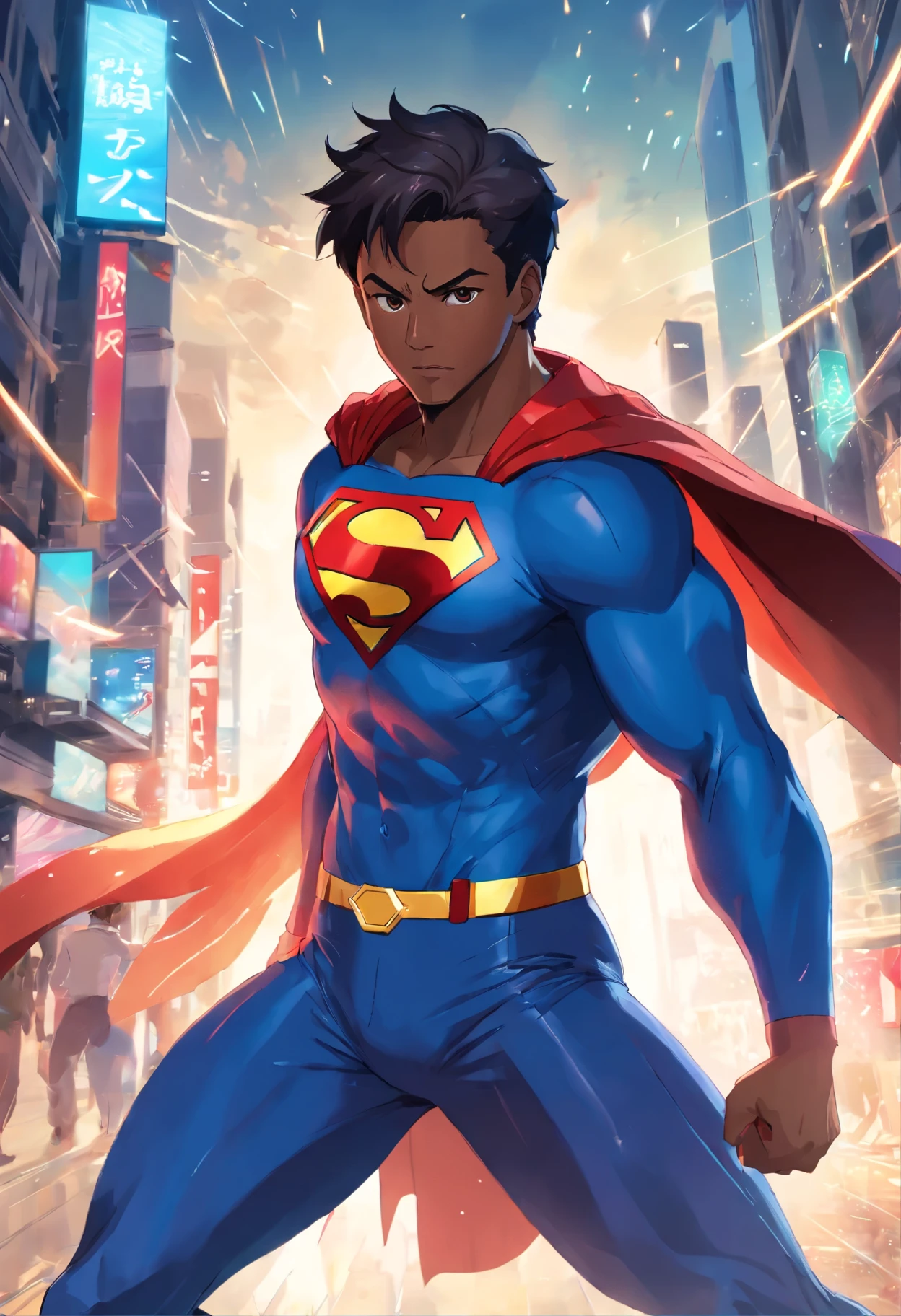 (best quality:1.33), (masterpiece:1.42), (realistic:1.24), (detailed:1.15), Generate an image of a 34-year-old black man dressed as a superman with flashy special effects and eye-catching, such as bursts of energy or lightning, Ross Tran style, professional photo shoot, action shot, cowboy shot, kaleidoscope