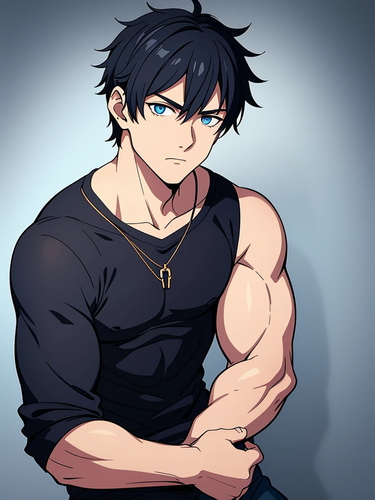 Ethan is a modern adult with an unassuming appearance. His messy, jet-black hair partially covers his piercing, sapphire eyes that often reflect the turmoil within. He has a muscular build, and his clothing style leans towards dark, muted colors. Ethan's expression is guarded, with a hint of weariness that speaks to the burdens he carries.