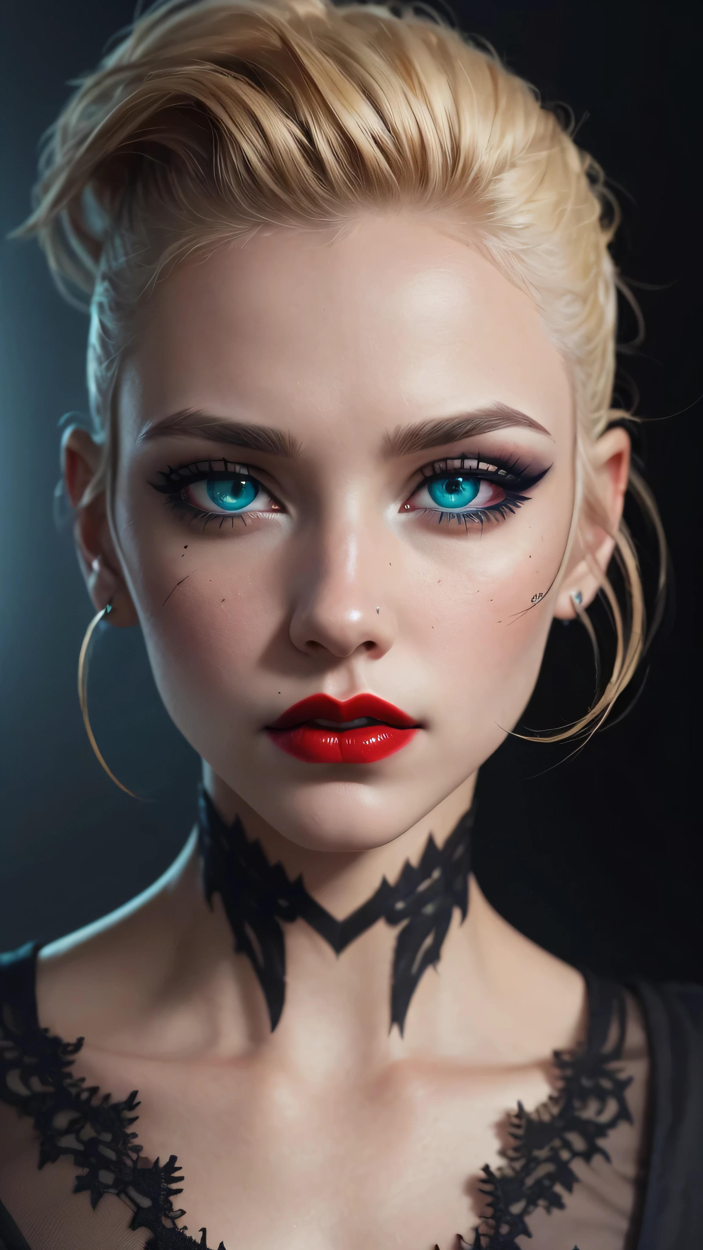 ((best quality: 1.5)) ((masterpiece: 0.8)), intricate details, sharp focus, professional, real life, realistic representation of the face, dim volumetric lighting, dynamic pose, in the style of realistic and hyper detailed renderings BREAK (detailed 30 year old android woman, ((((blackout gothic eye makeup, portrait, red lips)) clear blue eyes, short blonde hair, shaved sides),  emerald, nose piercing, determined expression)), photorealistic, hyper-realistic, 8K