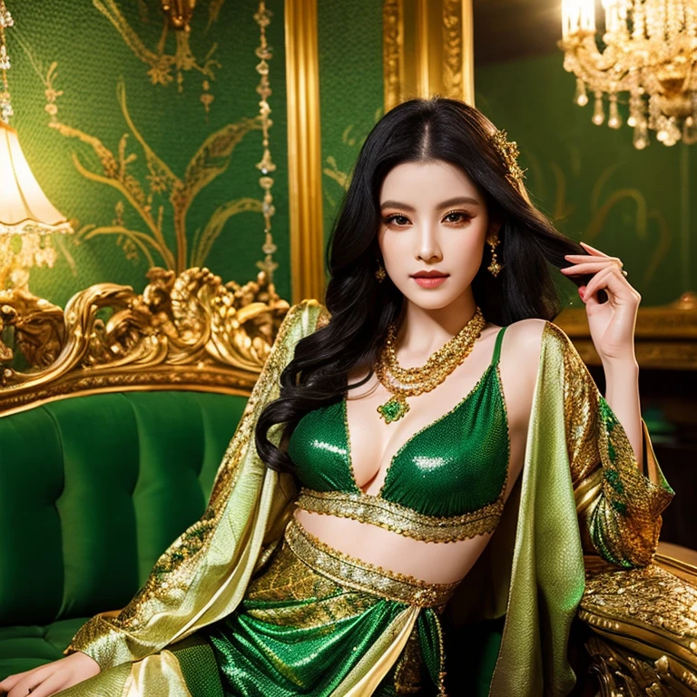 Please draw the enchanting goddess Liriska.。She wears a sensual silk outfit、Look at me with your emerald eyes、Her beautiful black hair dances like a snake.。Her clothing has a design inspired by snake scales.、Shining with gold and jewels。With a mysterious atmosphere、Express her elegant and seductive look。