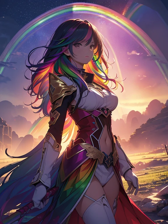 as yuuki, With two swords, White combat uniform, star Alicezation, Red strokes that simulate the speed of the character, battle mode, (surreal), {Highly detailed 8k CG unit wallpaper}, vast landscape photography, (A central view that prioritizes the entire character, (wide open field view), (low angle shot), (highlight: 1.5), (weak light: 1.0), (warm light source: 1.0), intricate details, (rainbow colors: 1.5), (bright lighting), (atmosphere lighting), star, dream-like, anime