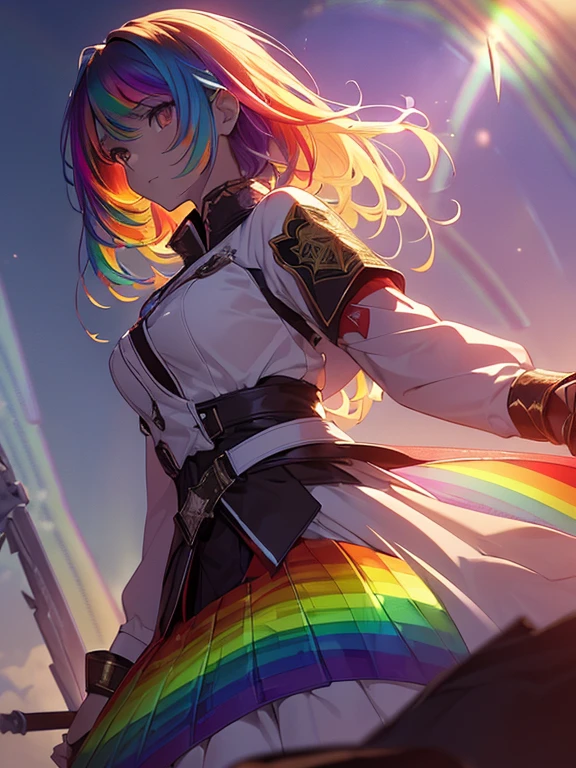 as yuuki, With two swords, White combat uniform, star Alicezation, Red strokes that simulate the speed of the character, battle mode, (surreal), {Highly detailed 8k CG unit wallpaper}, vast landscape photography, (A central view that prioritizes the entire character, (wide open field view), (low angle shot), (highlight: 1.5), (weak light: 1.0), (warm light source: 1.0), intricate details, (rainbow colors: 1.5), (bright lighting), (atmosphere lighting), star, dream-like, anime