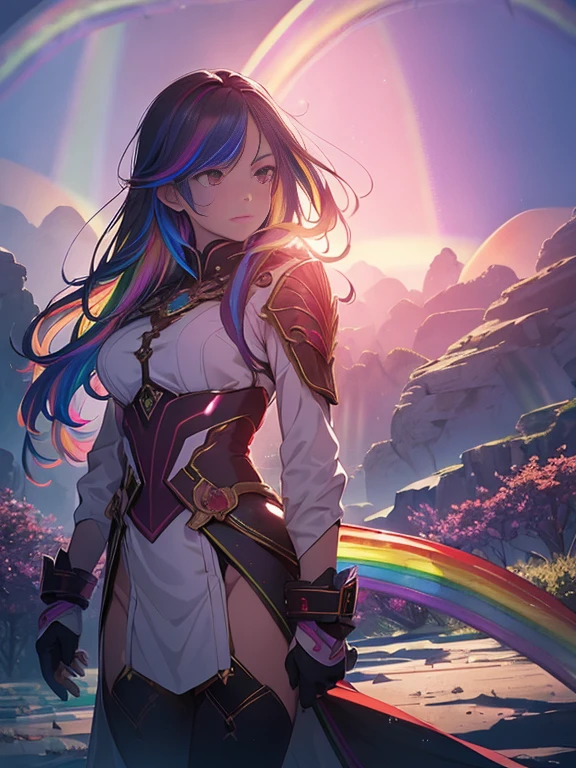 as yuuki, With two swords, White combat uniform, star Alicezation, Red strokes that simulate the speed of the character, battle mode, (surreal), {Highly detailed 8k CG unit wallpaper}, vast landscape photography, (A central view that prioritizes the entire character, (wide open field view), (low angle shot), (highlight: 1.5), (weak light: 1.0), (warm light source: 1.0), intricate details, (rainbow colors: 1.5), (bright lighting), (atmosphere lighting), star, dream-like, anime