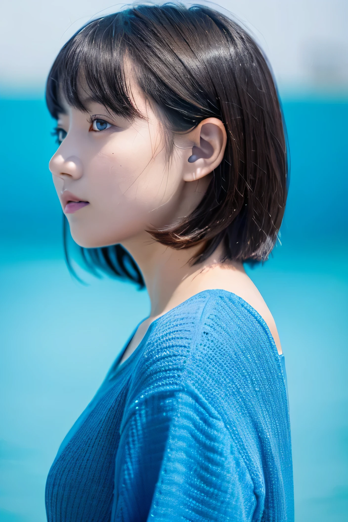 aster piece, highest quality, 1 girl, Profile face, stunning face, Blue background, blurry, blown eyes, short hair, Upper body
