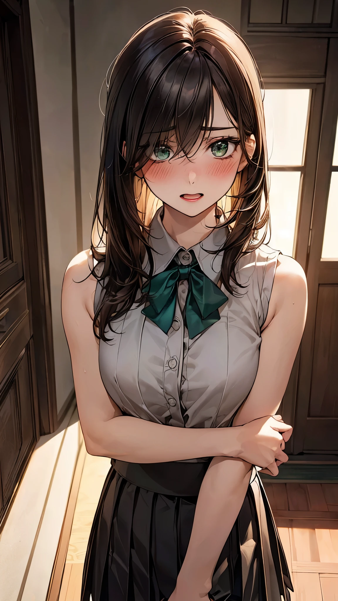 (masterpiece:1.2, top-quality), (realistic, photorealistic:1.4), beautiful illustration, (natural side lighting, movie lighting), nsfw, 
looking away, upper body, 1 girl, japanese, high school girl, perfect face, cute and symmetrical face, shiny skin, 
(middle hair:1.4, straight hair:1.2, black hair), hair between eyes:1.5, hair over one eye:1.1, big eyes, emerald green eyes, drooping eyes, long eye lasher, (large breasts:0.6), 
beautiful hair, beautiful face, beautiful detailed eyes, beautiful clavicle, beautiful body, beautiful chest, beautiful thighs, beautiful legs, 
((symmetrical clothing, detailed cloth texture, brown sleeveless collared shirt, pleated skirt)), hair tie,
(beautiful scenery), morning, living room, standing, leaning forward, (full-face blush, embarrassed, open mouth), 