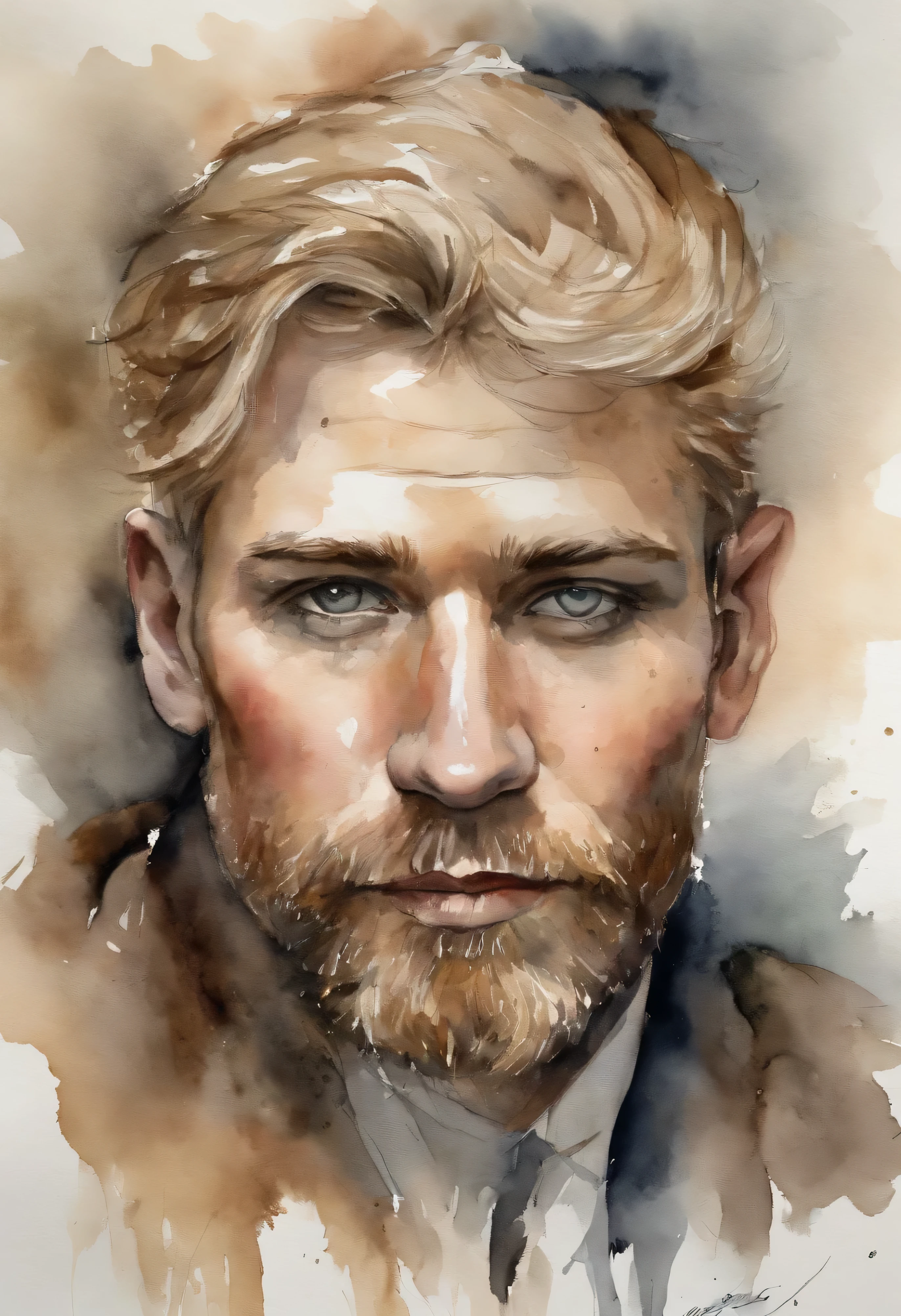 pale skin and a mocking face. Romanian ethnicity with messy blond hair and short beard. wearing funeral attire, Intense smoldering almond eyes. A sense of power and authority. robust appearance. youth. Tiered Eye