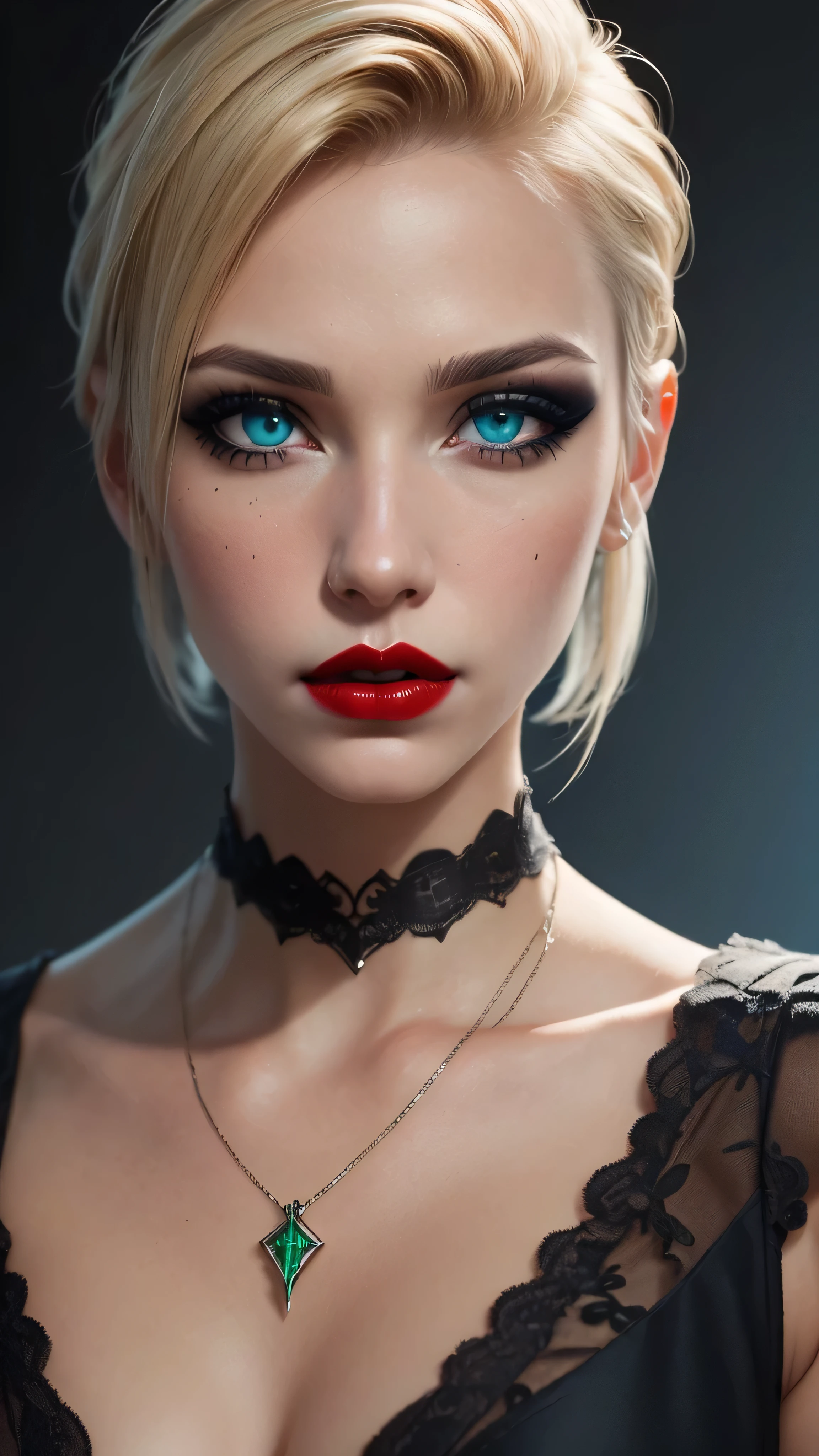 ((best quality: 1.5)) ((masterpiece: 0.8)), intricate details, sharp focus, professional, real life, realistic representation of the face, dim volumetric lighting, dynamic pose, in the style of realistic and hyper detailed renderings BREAK (detailed 30 year old android woman, ((((blackout gothic eye makeup, portrait, red lips)) clear blue eyes, short blonde hair, shaved sides),  emerald, nose piercing, determined expression)), photorealistic, hyper-realistic, 8K