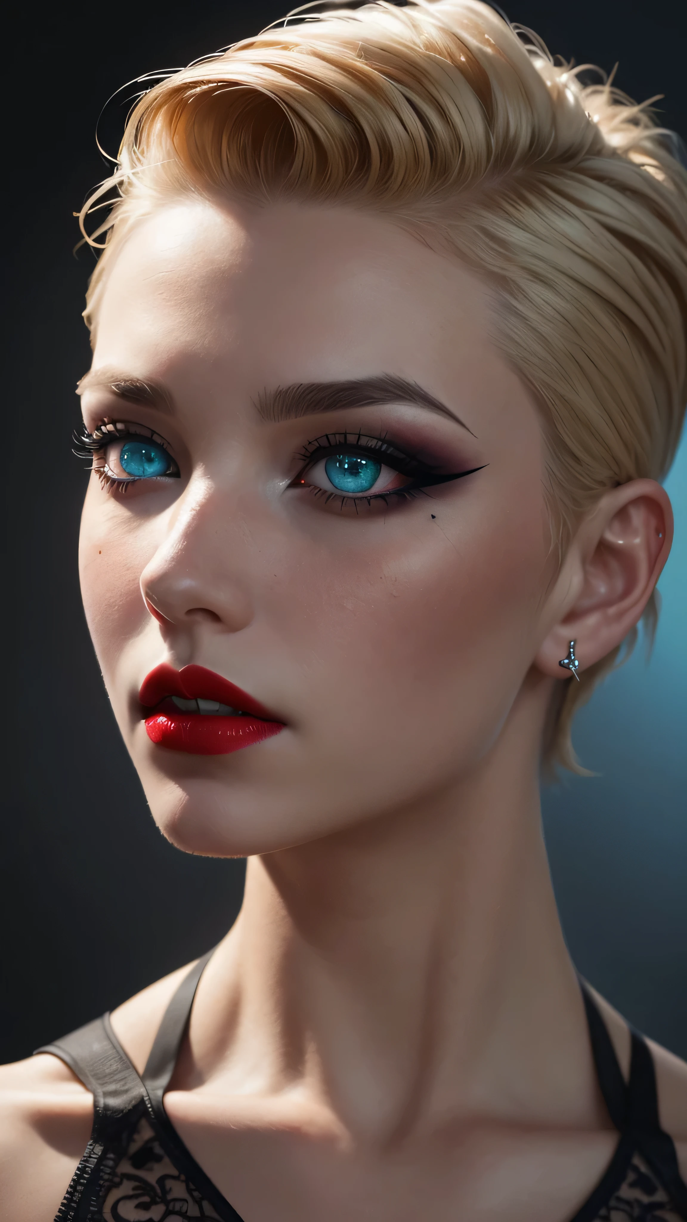 ((best quality: 1.5)) ((masterpiece: 0.8)), intricate details, sharp focus, professional, real life, realistic representation of the face, dim volumetric lighting, dynamic pose, in the style of realistic and hyper detailed renderings BREAK (detailed 30 year old android woman, ((((blackout gothic eye makeup, portrait, red lips)) clear blue eyes, short blonde hair, shaved sides),  emerald, nose piercing, determined expression)), photorealistic, hyper-realistic, 8K