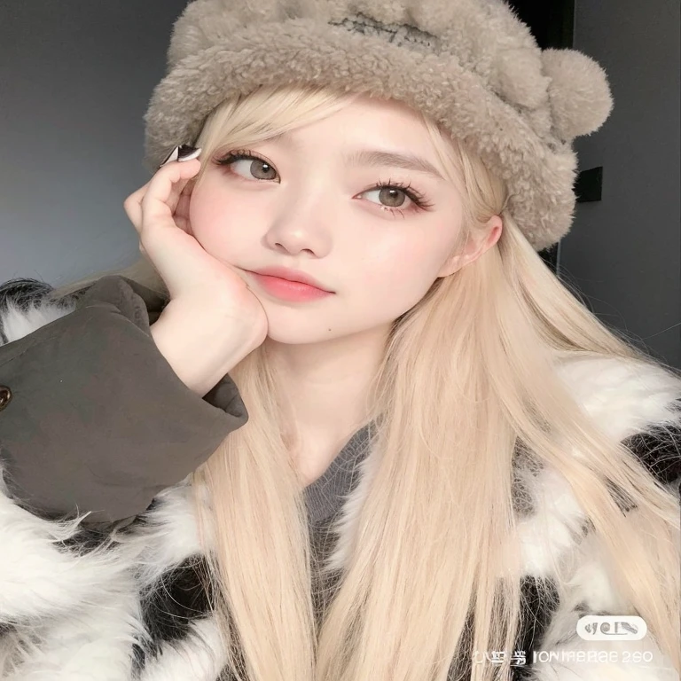 blonde girl with long hair wearing a furry hat, Ulzzang, longos cabelos loiros e olhos grandes, Jennie , rosto de anime natural fofo, long cabelo loiro e olhos grandes, Bela Delfina, cabelo loiro e olhos grandes, Retrato realista kawaii, sakimichan, adorable and pale korean face, com cara fofa - linda, cara clara e fofa