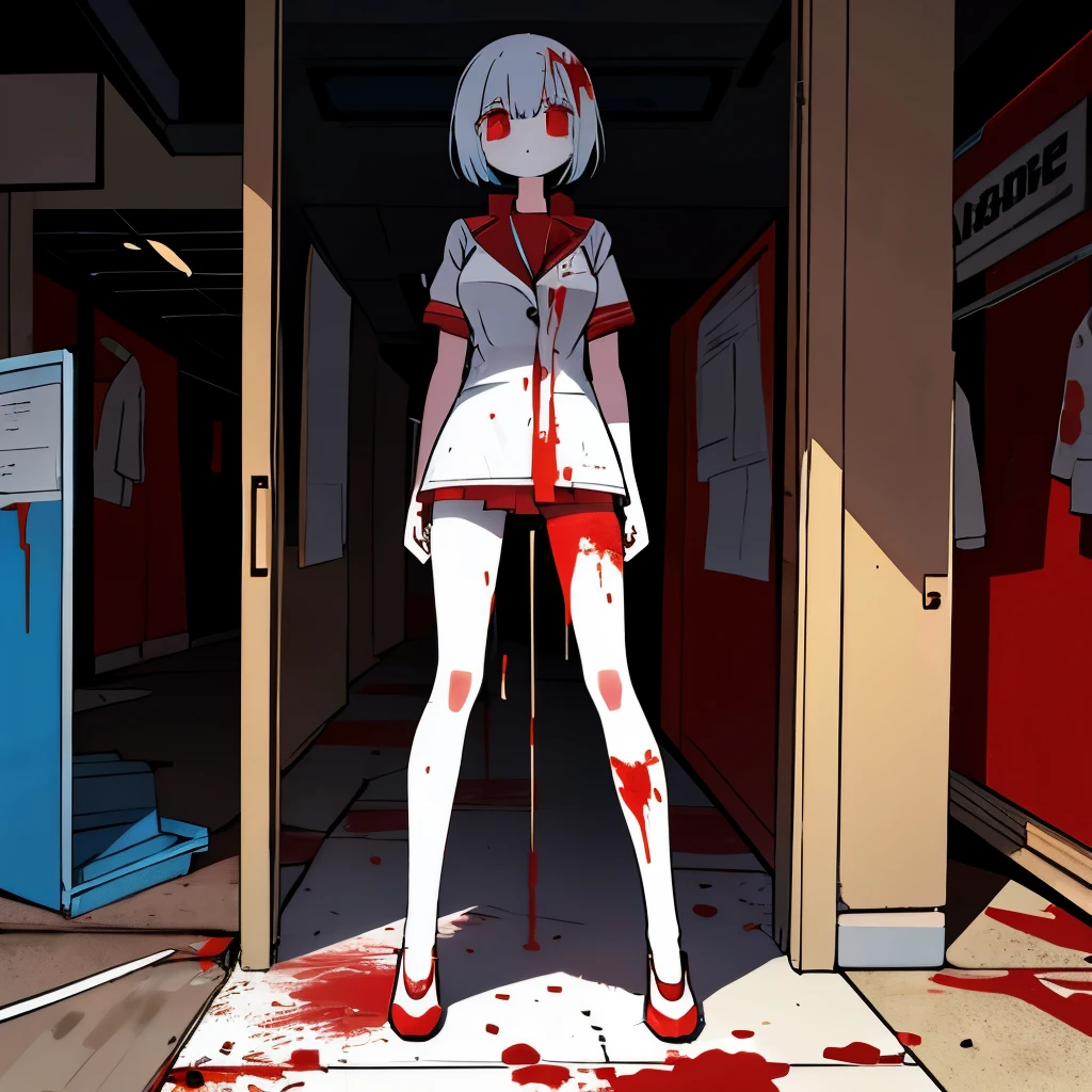 A mannequin covered in blood standing inside of a abandoned mall