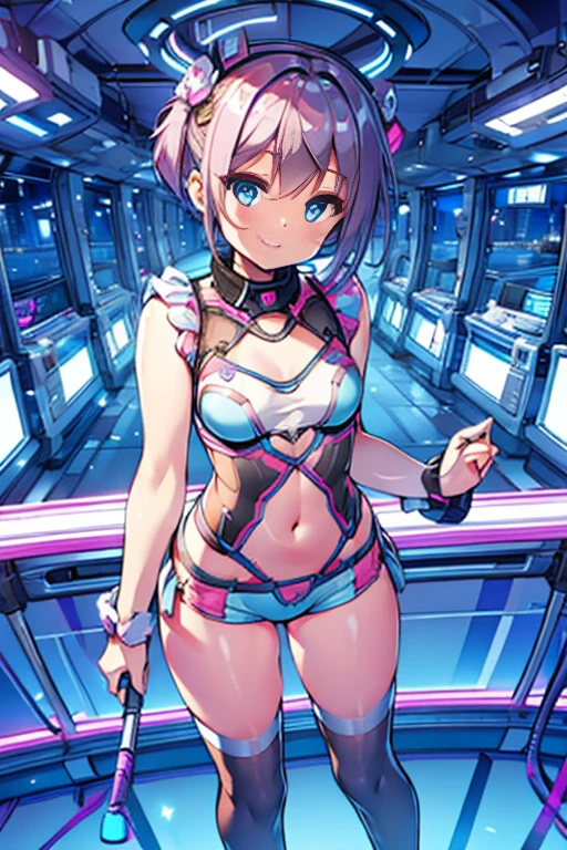 8K, RAW photo, night light, Beautiful cyberpunk style young girl, Light blue and pink shorthair, pink eyes, high resolution skins, Beautiful woman in a black top and short skirt, pose for a photo, Multi-point, 19 years old, reveal her sexy body, hourglass illustration, Because I'm slender, small breasts, sample belly, Looking at the camera and smiling, night city background, neon light
