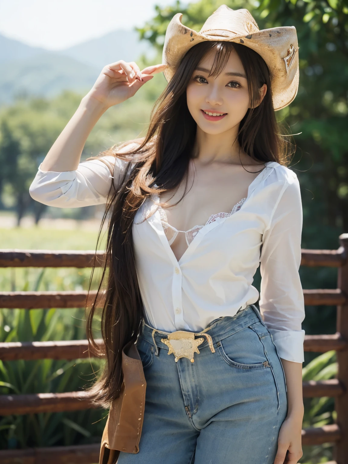 ((((highest quality))))、(((Ultra-precision CG16K wallpaper)))、(((masterpiece)))、(((Super detailed)))、(((super extreme details)))、1people's women、mature woman、25 year old woman、((Japanese face))、((very beautiful face))、((NHK Announcer、Yurika Kawaguchi:1.5))、((straight semi-long hair:1.3))、(shiny hair)、bangs up to eyebrows、beautiful brown hair、beautiful delicate eyes、brown eyes、C-shaped eyebrows、high nose、small nostrils、small mouth、seductive lips、mouth slightly open、beautiful breasts、C cup size breasts、plump body、perfect proportions、perfect anatomy、perfect composition、beautiful detailed shading、beautiful natural lighting、beautiful detail glow、Depth of bounds written、(((High chroma)))、(((real:1.9)))、((vivid:1.4))、((beautiful skin))、((skin texture))、((realな皮膚感))、(((cowboy shot:1.5)))、((Angle seen from the front:1.5))、((smile:1.4))、(Eyes looking at me:1.3)、bright sunshine、(((ranch:1.3)))、(standing pose:1.5)、(((cowgirl costume:1.6)))、