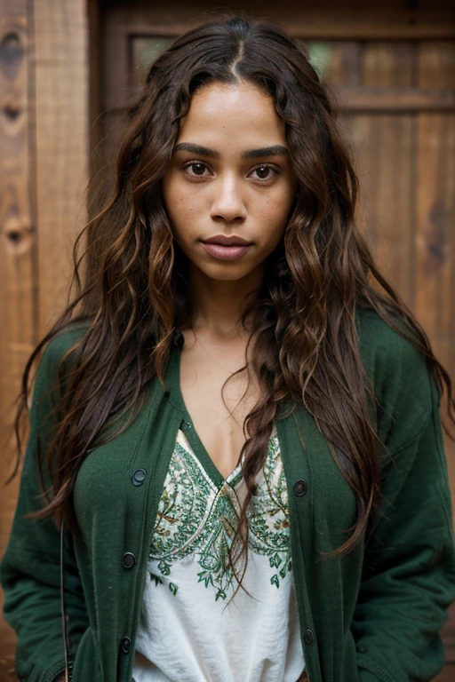 full resolution, highly detailed skin, detailed hair, dslr, sharp focus, high definition, high quality photography, intricate, realistic woman with long curly brown hair, Curly Chestnut Goddess, Zoë Kravitz, Lisa Bonet, natural beauty, healthy, boho, creative, artist, wearing green sweatshirt