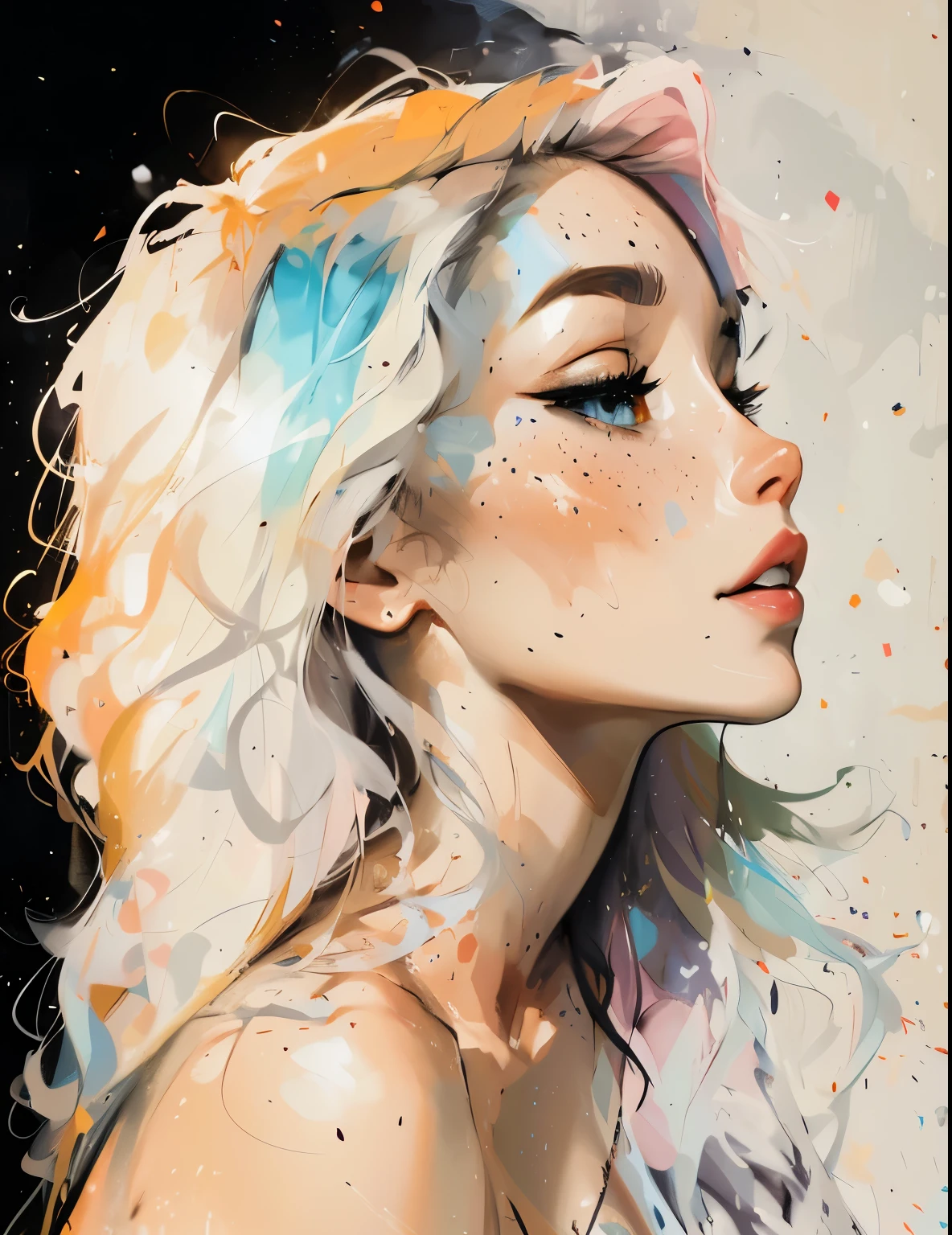 Samdoesart, pintura de uma mulher com cabelos longos e maquiagem colorida, bela arte uhd 4k, stunning digital illustration, exquisite digital illustration, linda arte digital, linda arte digital, a beautiful art illustration, Linda pintura digital, art of alessandro pautasso, impressionante pintura digital, beautiful linda arte digital, beautiful digital illustration, ((pinceladas de tinta))