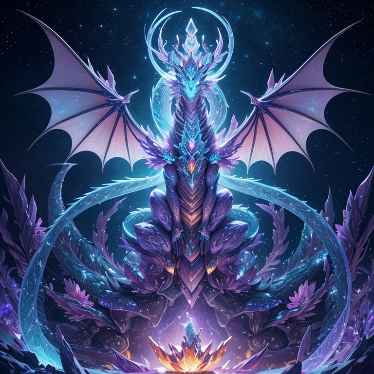 An unforgettable rendition of a crystal dragon god, a divine being made of radiant rainbow crystals that glows with the ethereal light of a bioluminescent creature. The peach blossom creature rests delicately on intricate branches, its luminescent petals illuminating the night with a soft, gentle glow.This incredible artwork is a T-symmetrical masterpiece, trending on Art Station, meticulously crafted with Octane engine in ultra-high definition. The starry sky serves as a cinematic backdrop, filled with twinkling starlight reflecting off the crystalline surface of the dragon god. This ultra-realistic