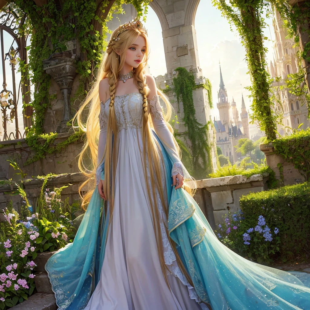 Rapunzel, long-haired princess, tower, golden hair flowing, beautiful detailed eyes, beautiful detailed lips, princess trapped in a tower, flowing dress, high tower, long hair trailing down the tower, lush green garden, enchanting atmosphere, magical flowers, birds singing, resplendent sunlight, fairytale, princess waiting for her prince, intricate braided hairstyle, magical golden light, fairytale castle, beautiful view from the tower, dreamy sunset, dramatic lighting, dream-like, fantasy, romantic, ethereal, fairytale princess. (best quality, 4k, highres, masterpiece:1.2), ultra-detailed, (realistic, photorealistic, photo-realistic:1.37), HDR, vivid colors, bokeh