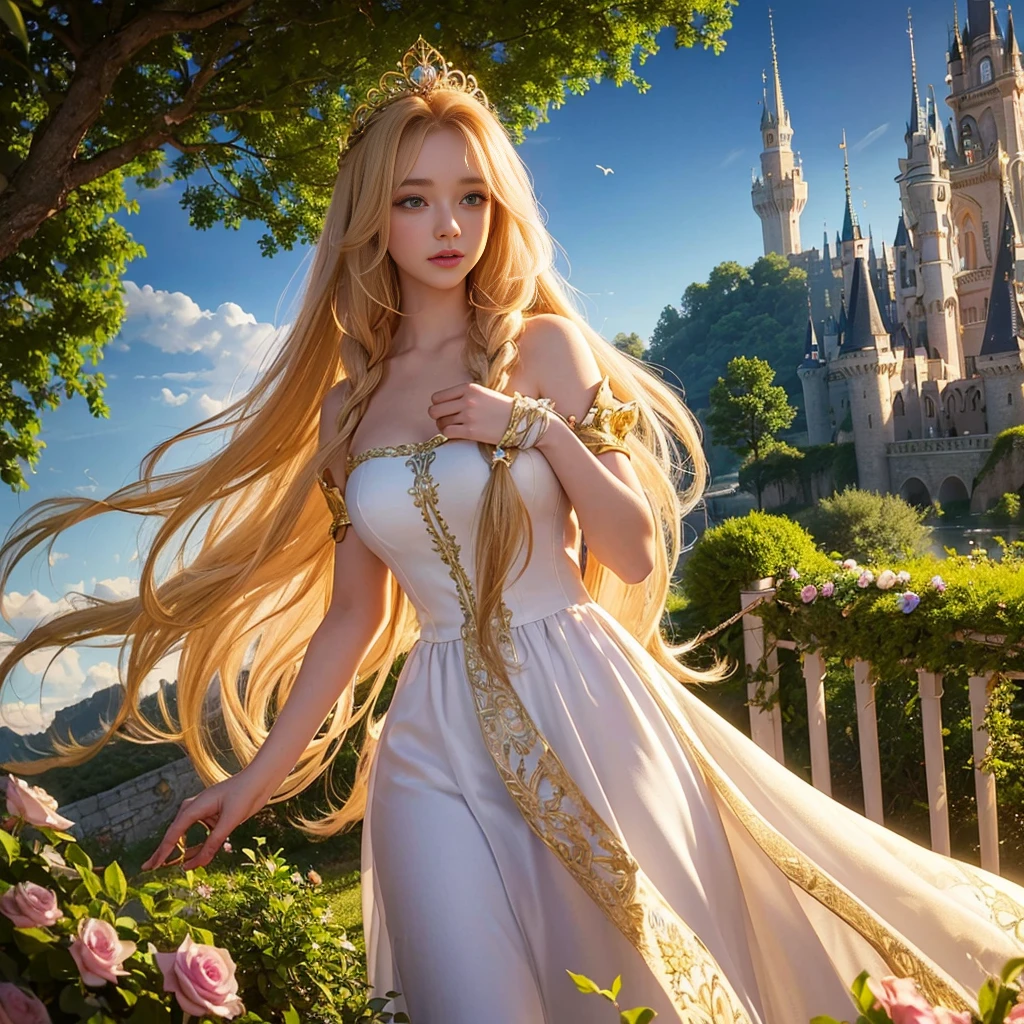 Rapunzel, long-haired princess, tower, golden hair flowing, beautiful detailed eyes, beautiful detailed lips, princess trapped in a tower, flowing dress, high tower, long hair trailing down the tower, lush green garden, enchanting atmosphere, magical flowers, birds singing, resplendent sunlight, fairytale, princess waiting for her prince, intricate braided hairstyle, magical golden light, fairytale castle, beautiful view from the tower, dreamy sunset, dramatic lighting, dream-like, fantasy, romantic, ethereal, fairytale princess. (best quality, 4k, highres, masterpiece:1.2), ultra-detailed, (realistic, photorealistic, photo-realistic:1.37), HDR, vivid colors, bokeh