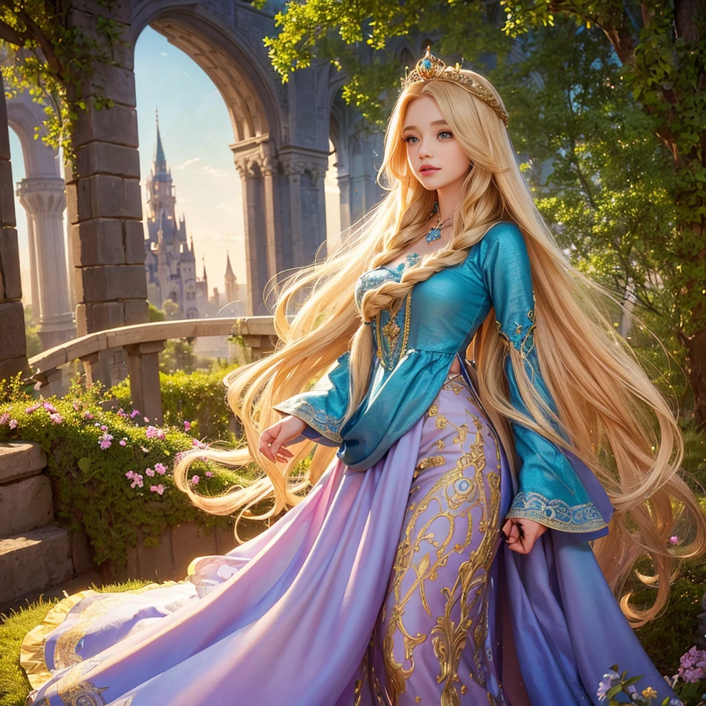 Rapunzel, long-haired princess, tower, golden hair flowing, beautiful detailed eyes, beautiful detailed lips, princess trapped in a tower, flowing dress, high tower, long hair trailing down the tower, lush green garden, enchanting atmosphere, magical flowers, birds singing, resplendent sunlight, fairytale, princess waiting for her prince, intricate braided hairstyle, magical golden light, fairytale castle, beautiful view from the tower, dreamy sunset, dramatic lighting, dream-like, fantasy, romantic, ethereal, fairytale princess. (best quality, 4k, highres, masterpiece:1.2), ultra-detailed, (realistic, photorealistic, photo-realistic:1.37), HDR, vivid colors, bokeh