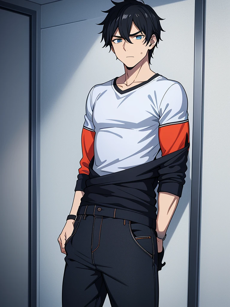 Ethan is a modern adult with an unassuming appearance. His messy, jet-black hair partially covers his piercing, sapphire eyes that often reflect the turmoil within. He has a muscular build, and his clothing style leans towards dark, muted colors. Ethan's expression is guarded, with a hint of weariness that speaks to the burdens he carries.