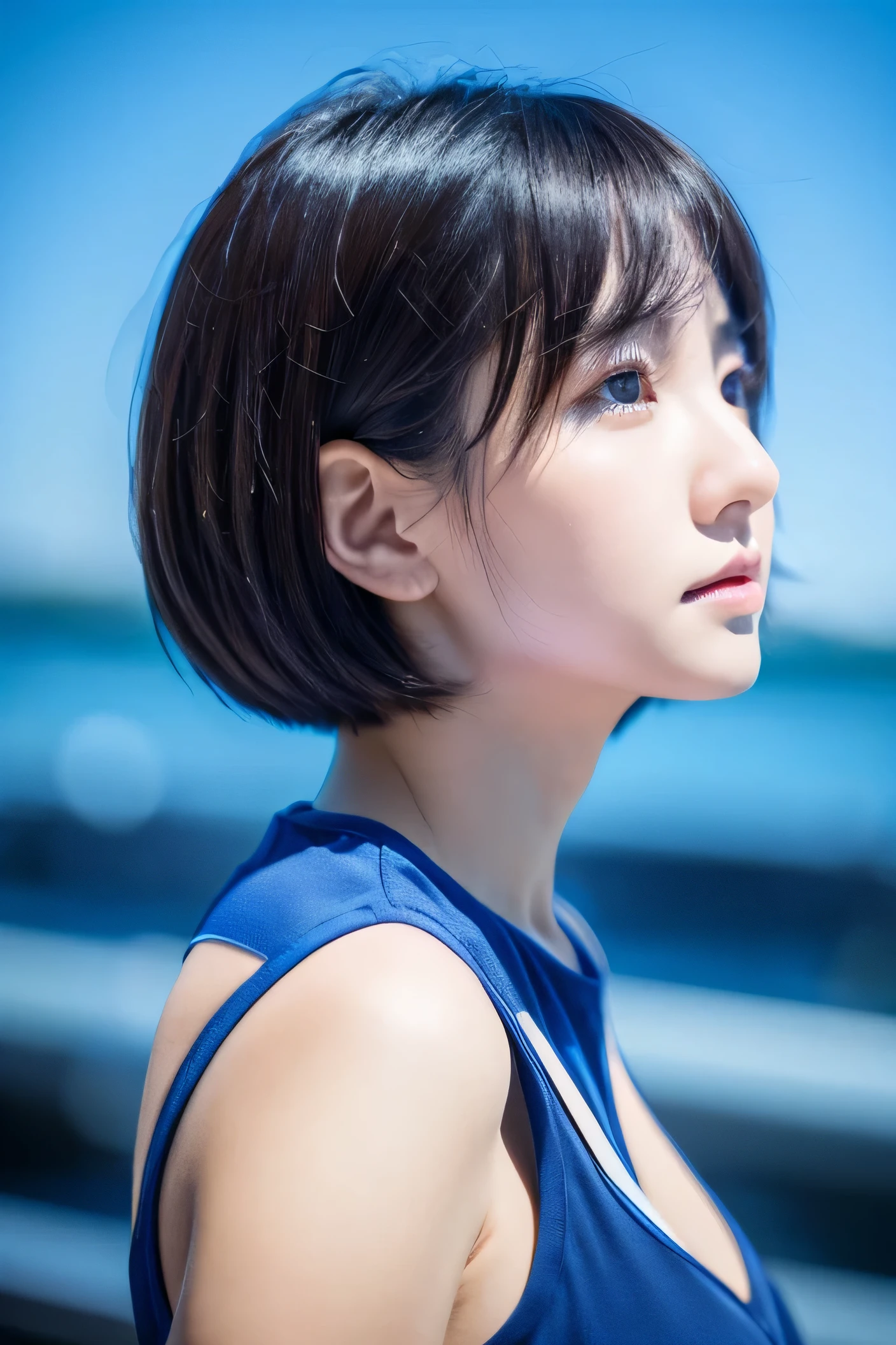 aster piece, highest quality, 1 girl, Profile face, stunning face, Blue background, blurry, blown eyes, short hair, Upper body