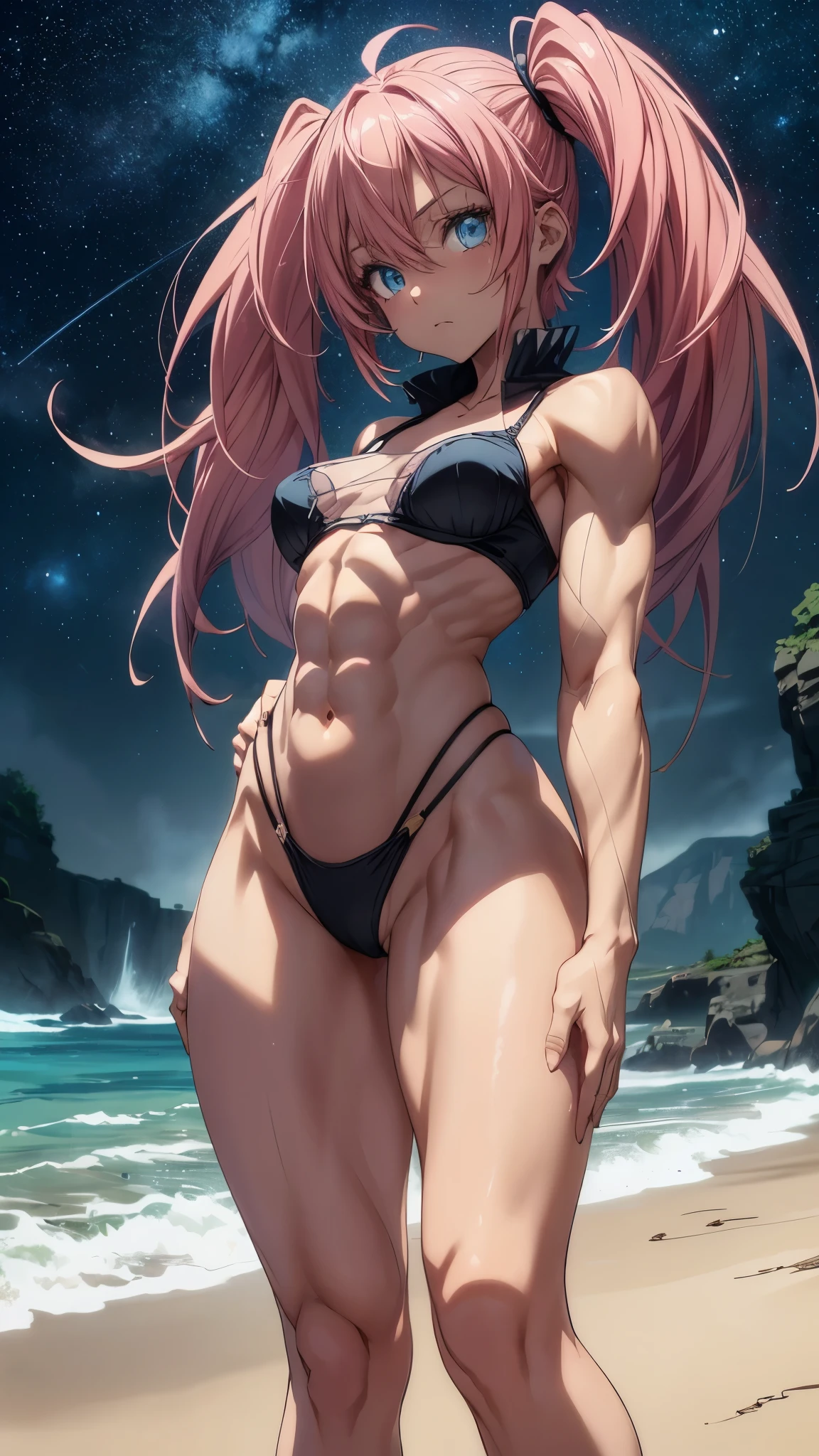 1 girl, (medium breasts))), (((a very short, transparent lingerie and thong))), (long pink hair), (((blue eyes))), Thin arms, (on the beach at night with starry sky and full moon blood), (slim waist), (((muscular legs))), muscular belly, barefoot, (showing his big ass to me), (((full body photo))), (twintails), (bad mood), long eyes, eye glow, anime, anime style, ray tracing, glow, drop shadow, Panorama, Sony FE, 8k, UDisk, artwork, accurate, anatomically correct, super detail, best quality, Ultra high resolution, hard disk, 16k