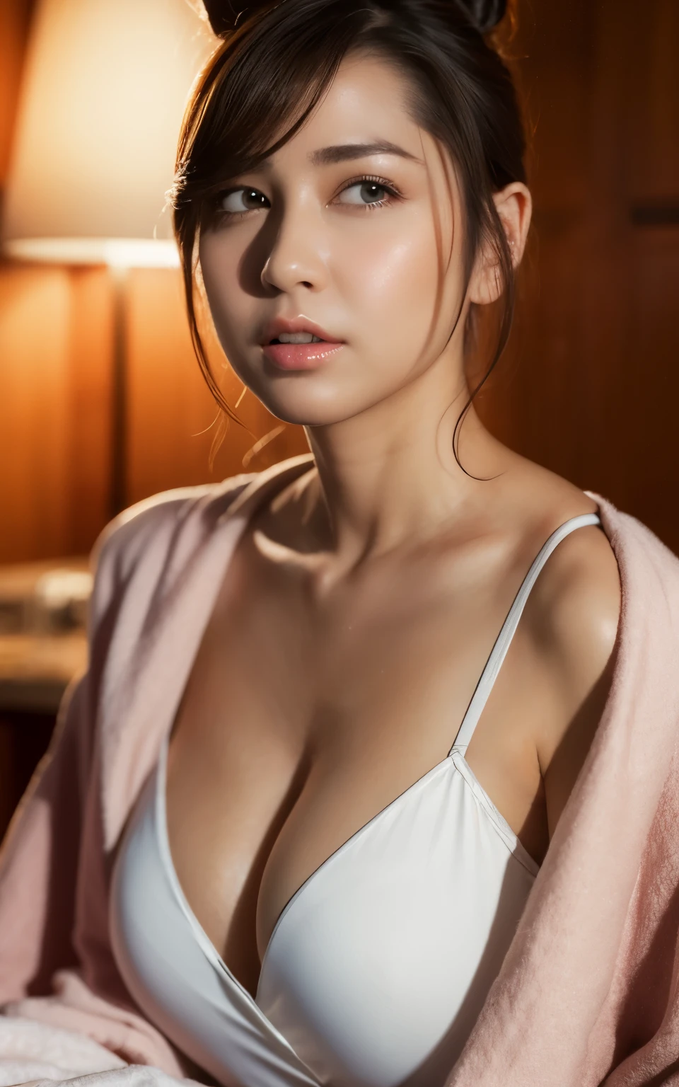 extremely detailed CG unity 8k wallpaper, best quality, ultra-detailed, masterpiece, realistic, photo realistic, extremely detailed girl, 30years old, secretary, large breasts, blush, parted lips, (bathrobe), (cleavage), bathroom , sitting ,half body shot , bun_head