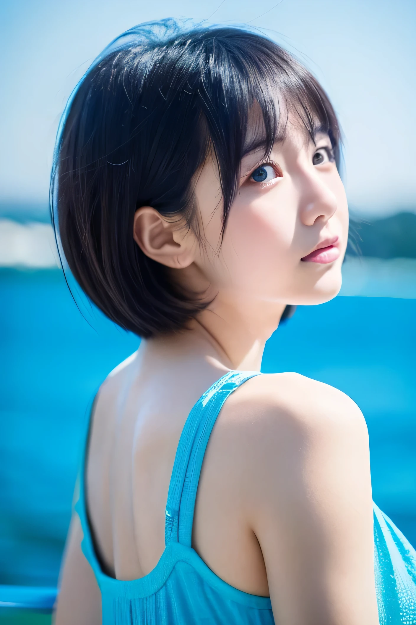 aster piece, highest quality, 1 girl, Profile face, stunning face, Blue background, blurry, blown eyes, short hair, Upper body