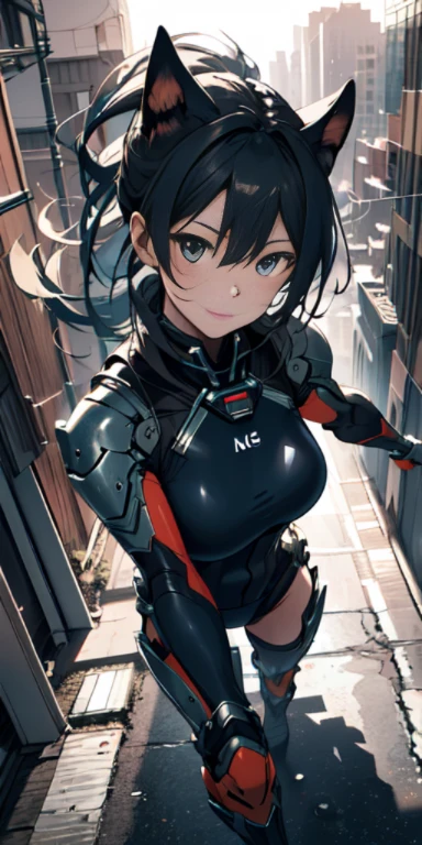 city, High resolution, (masterpiece:1.4), very detailed, 1 girl, From above, space, running, killing city combat suit, sharp focus, (cinematic lighting), (1 girl), slight smile,5 fingers on each hand are highly detailed,
