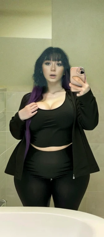 arafed woman taking a selfie in a mirror with a cell phone, with pale skin, she looks like a mix of grimes, goth girl aesthetic, 1 7 - year - old goth girl, looks like a mix of grimes, goth aesthetic, pale goth beauty, looks a blend of grimes, very very very pale white skin, resembling a mix of grimes, Big tits, huge tits, no clothes, sexy, cute, wide hips, thick thighs, pear-shaped body, minimal clothes, thick, bbw, chubby stomach, thick nipples, nipple piercings, large areola, hard nipples, piercing through shirt, nipples hard through shirt, busty, major cleavage, naked, ripping through top, spilling over sides, bra too tight, giant tits, dominatrix, dominatrix clothes, revealing clothes, ass so fat you can see it from the front, extra wide hips, bursting out of tight clothes, grabbing ass, upper body