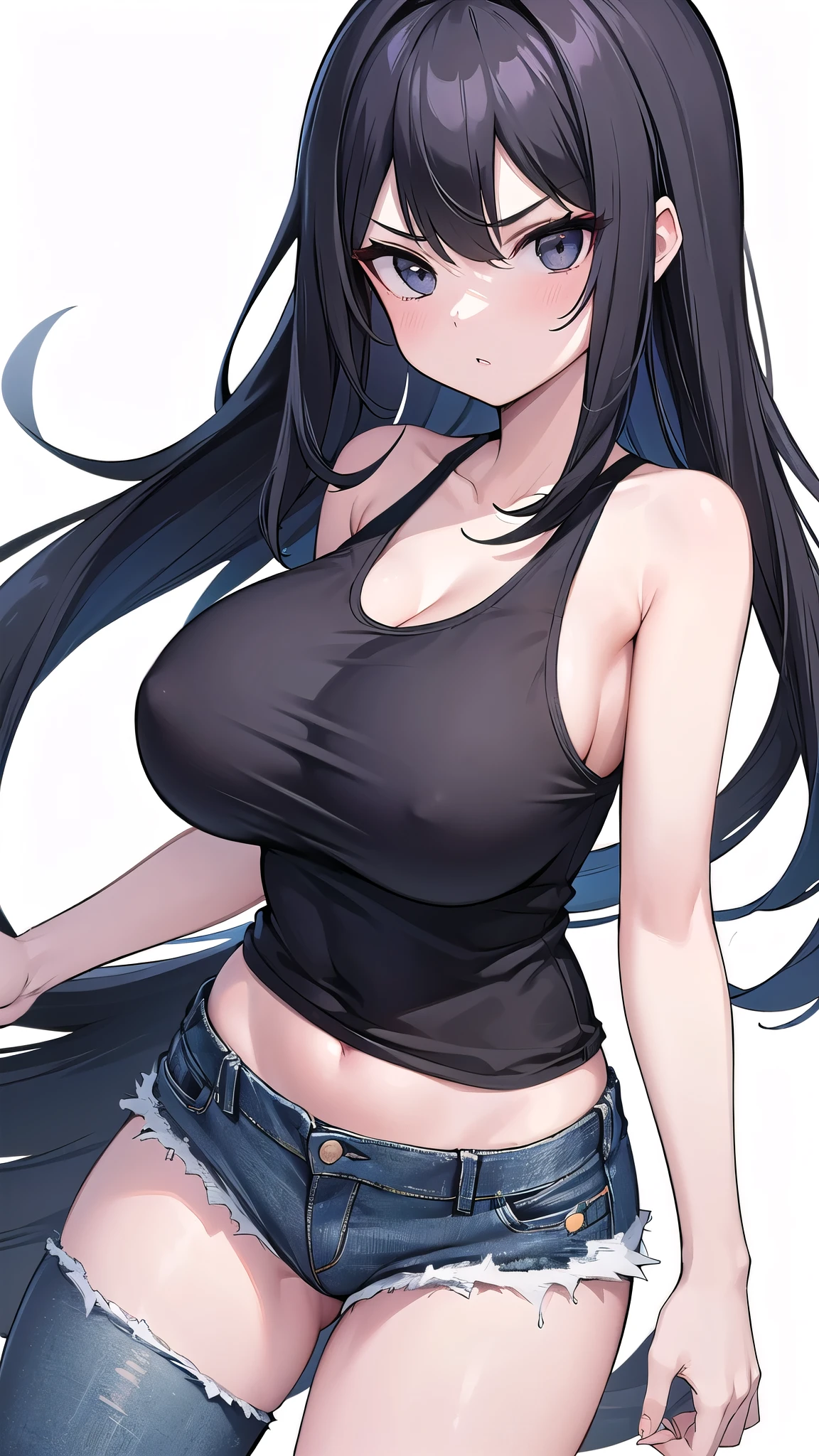 1 girl,CG,Completely naked,huge breasts, black hair, long hair, straight hair, black eyes,((Black tank top、denim hot pants)),((bullish look)),((white background))