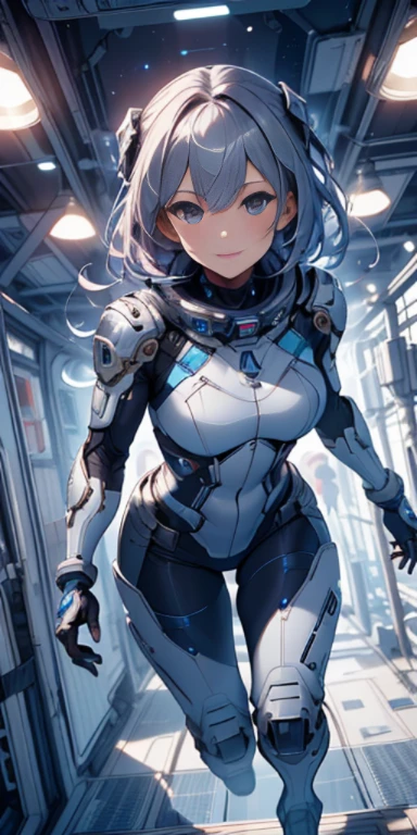 city, High resolution, (masterpiece:1.4), very detailed, 1 girl, From above, space, running, Silver Killing City Combat Suit, sharp focus, (cinematic lighting), (1 girl), slight smile,5 fingers on each hand are highly detailed,