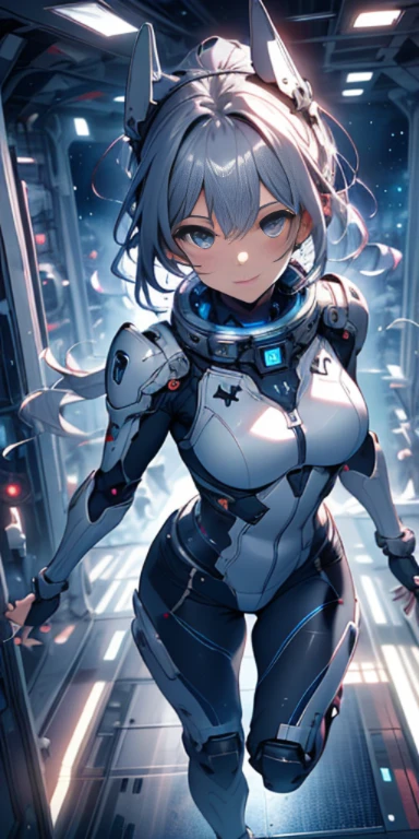 city， High resolution, (masterpiece:1.4), very detailed, 1 girl, From above, space, running, Silver Killing City Combat Suit, sharp focus, (cinematic lighting), (1 girl), slight smile，5 fingers on each hand are highly detailed，