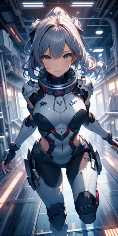 city, High resolution, (masterpiece:1.4), very detailed, 1 girl, From above, space, running, Silver Killing City Combat Suit, sharp focus, (cinematic lighting), (1 girl), slight smile,5 fingers on each hand are highly detailed,